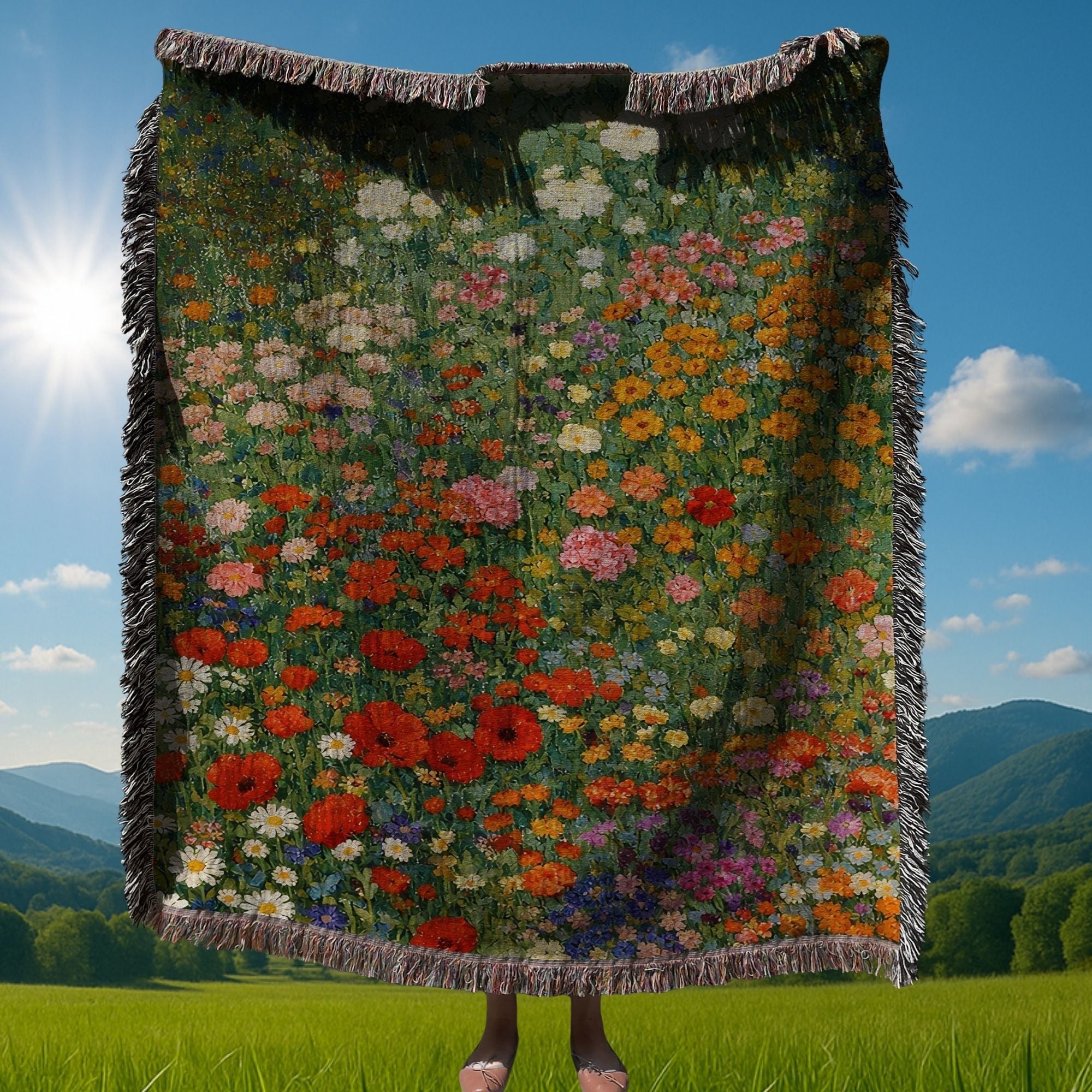 woven floral blanket with colorful garden flowers and fringe edges, cottagecore floral woven blanket displayed outdoors, botanical tapestry blanket with multicolor wildflower design