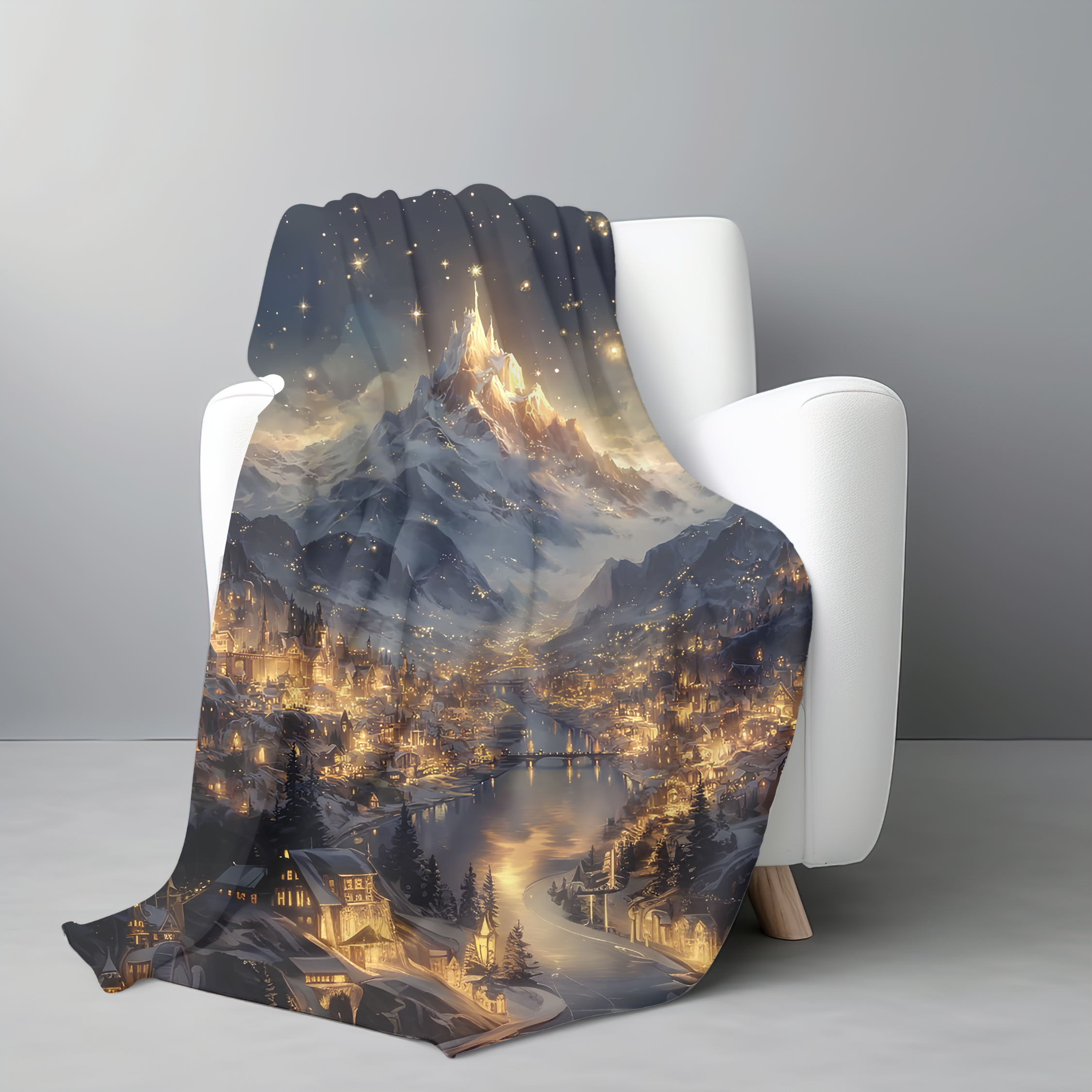 soft fantasy blanket showing radiant peaks and sky lanterns,
celestial fleece throw with dreamy mountain city artwork,