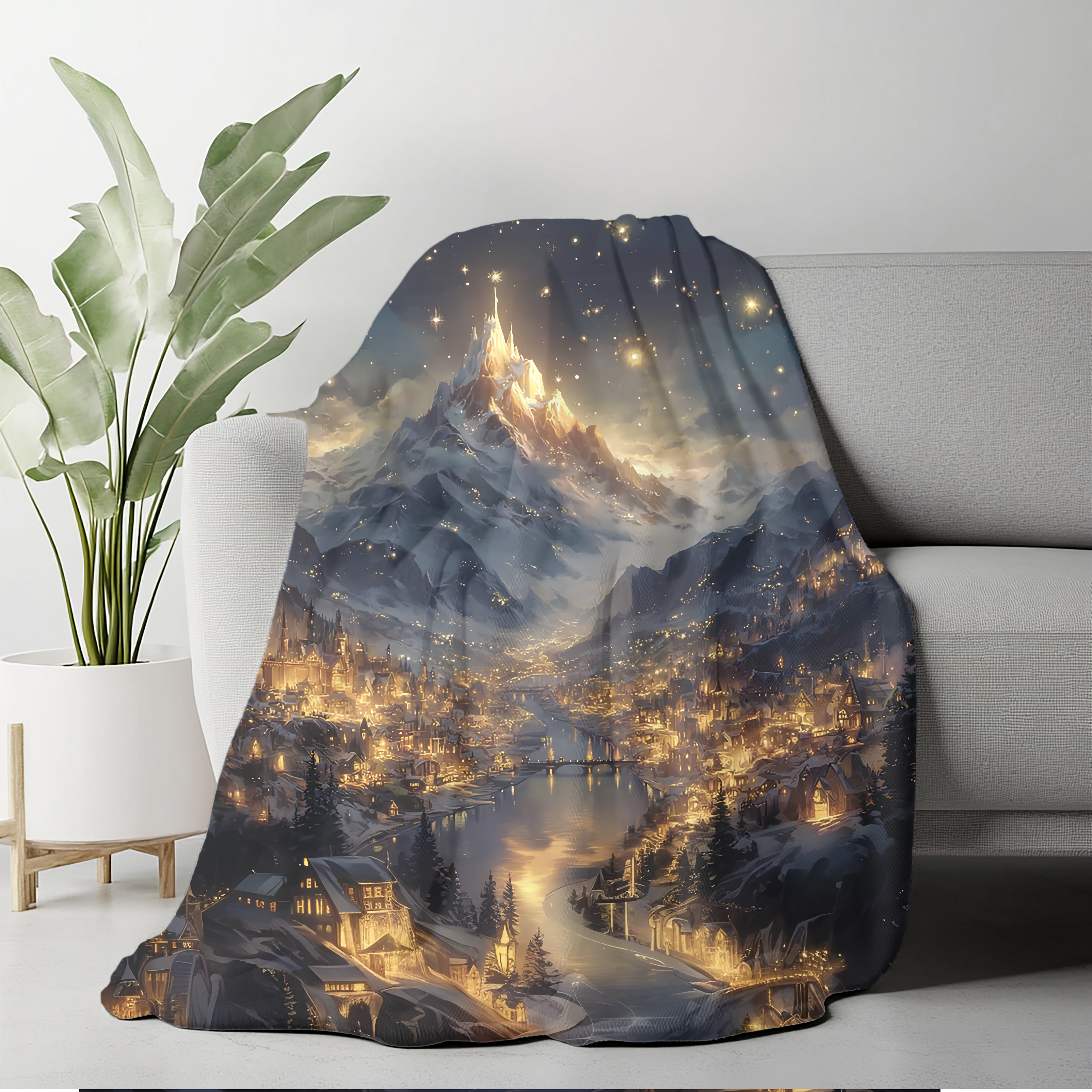 reading nook blanket featuring starry mountain reflections,
cozy fantasy décor throw with glowing celestial landscape