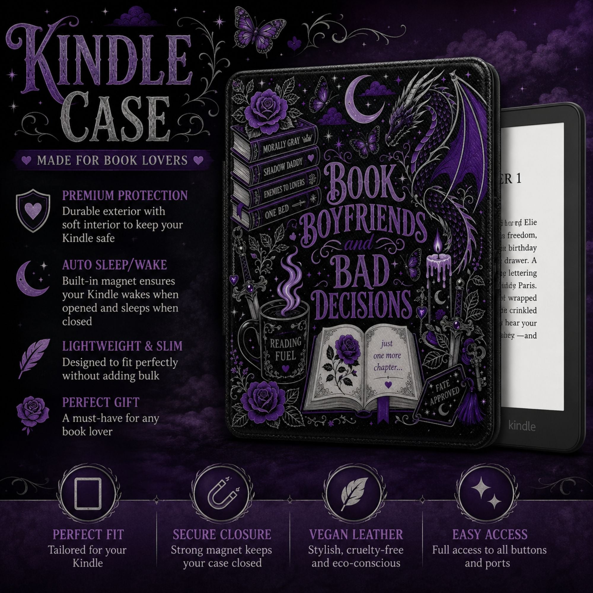 Purple dragon coiled over moonlit roses and candlelight on a black Saffiano leather Kindle case