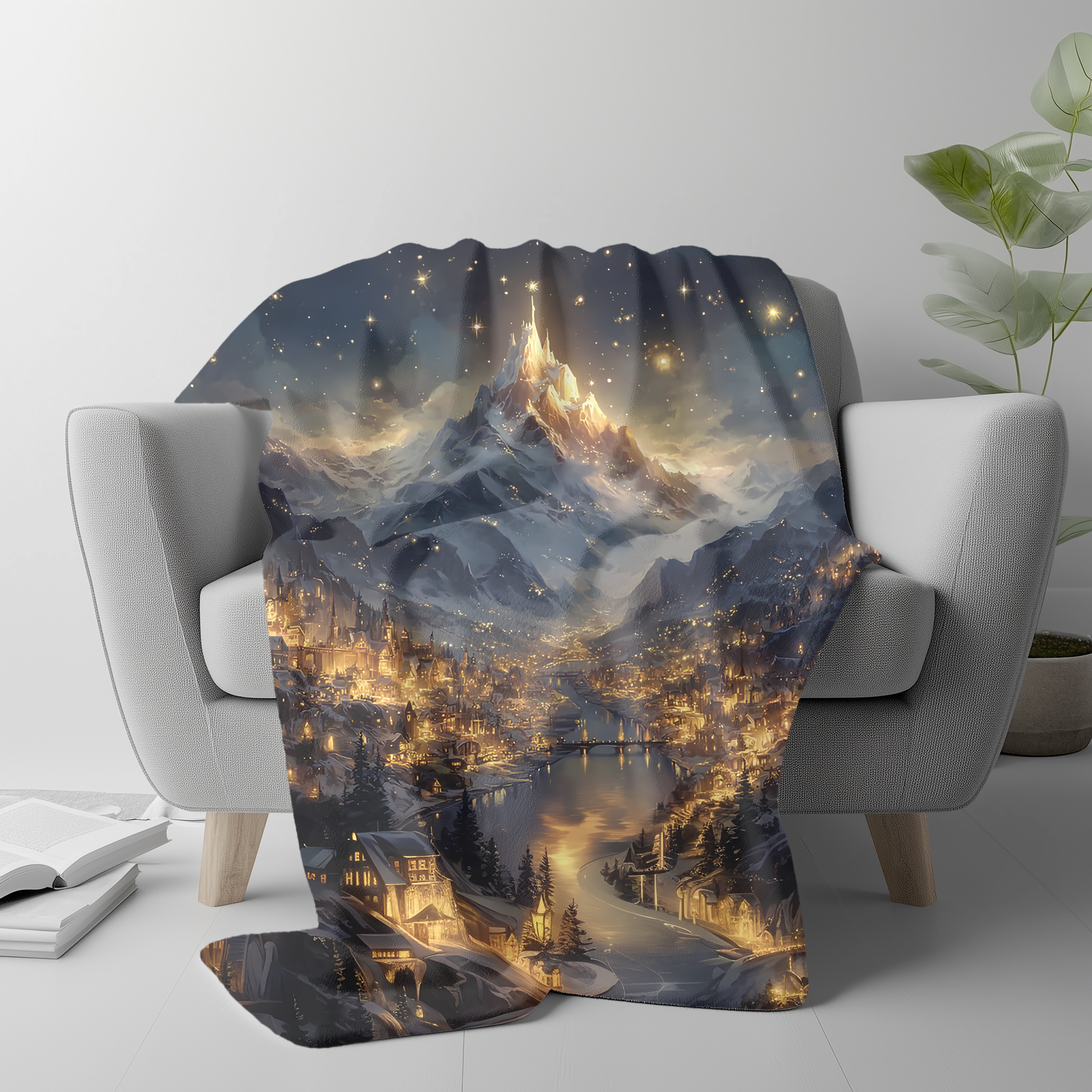 starlit mountain fleece blanket for dreamy bedroom décor,
soft throw depicting twinkling city lights at dusk