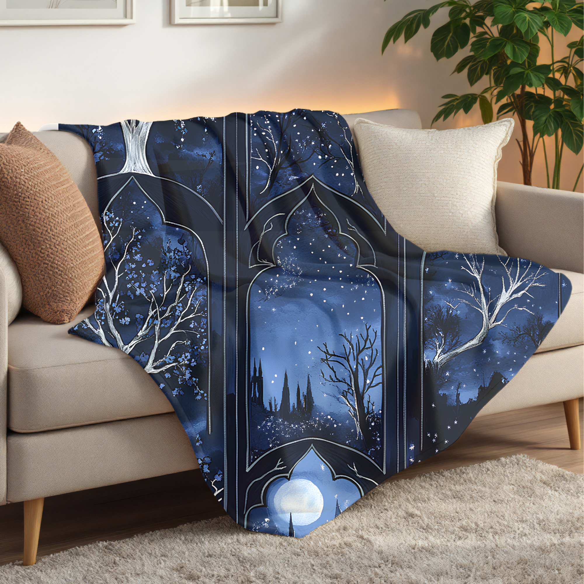 Moonlit Forest Gothic Arches Blanket | Cozy Celestial Throw for Reading Nook or Fantasy Home Decor