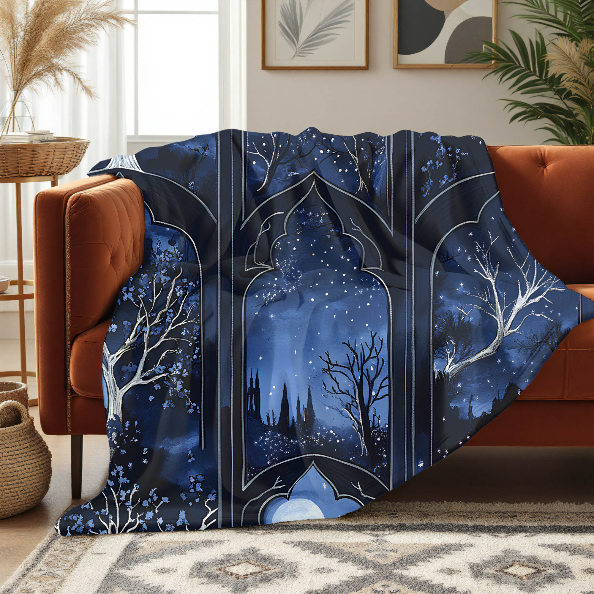 Moonlit Forest Gothic Arches Blanket | Cozy Celestial Throw for Reading Nook or Fantasy Home Decor