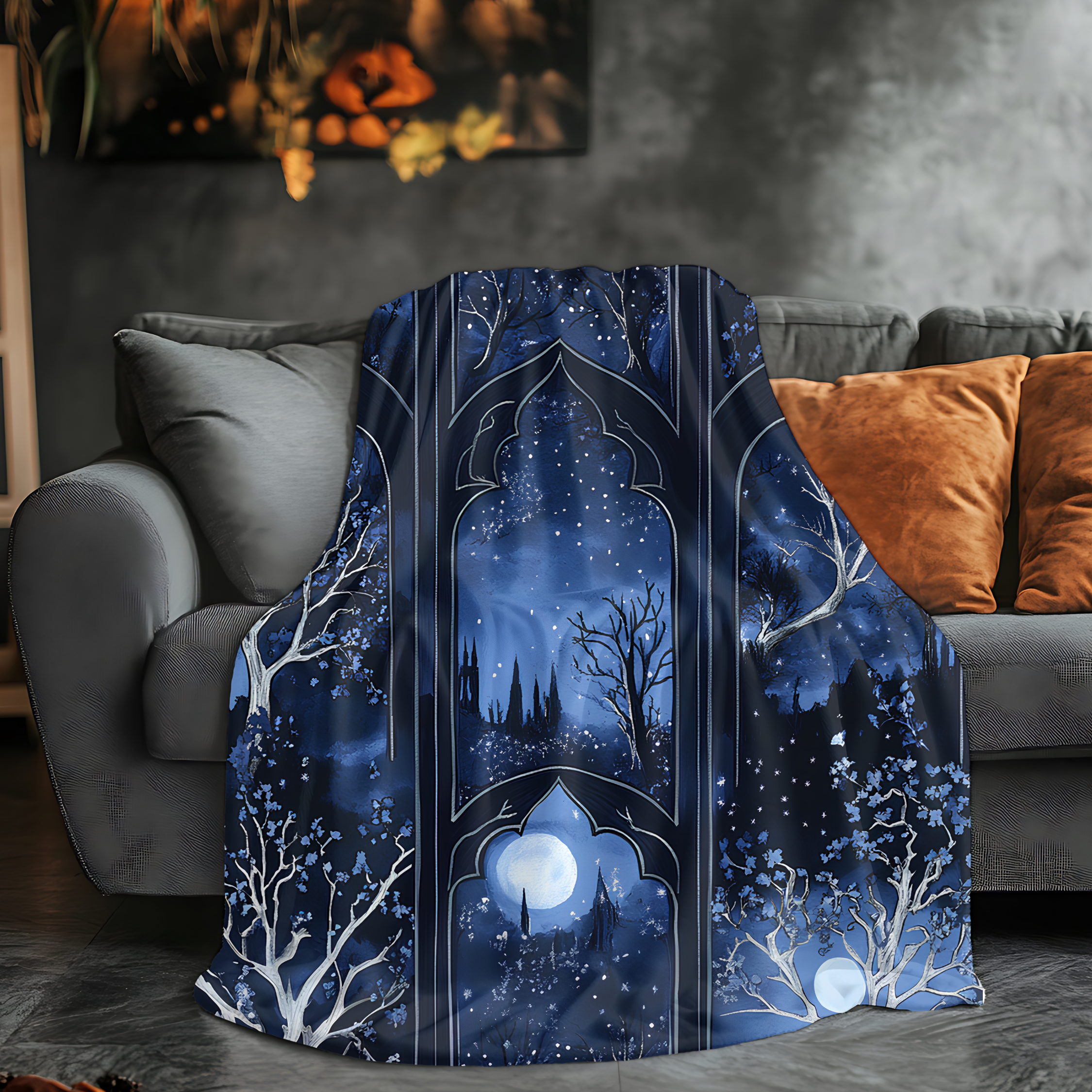Moonlit Forest Gothic Arches Blanket | Cozy Celestial Throw for Reading Nook or Fantasy Home Decor