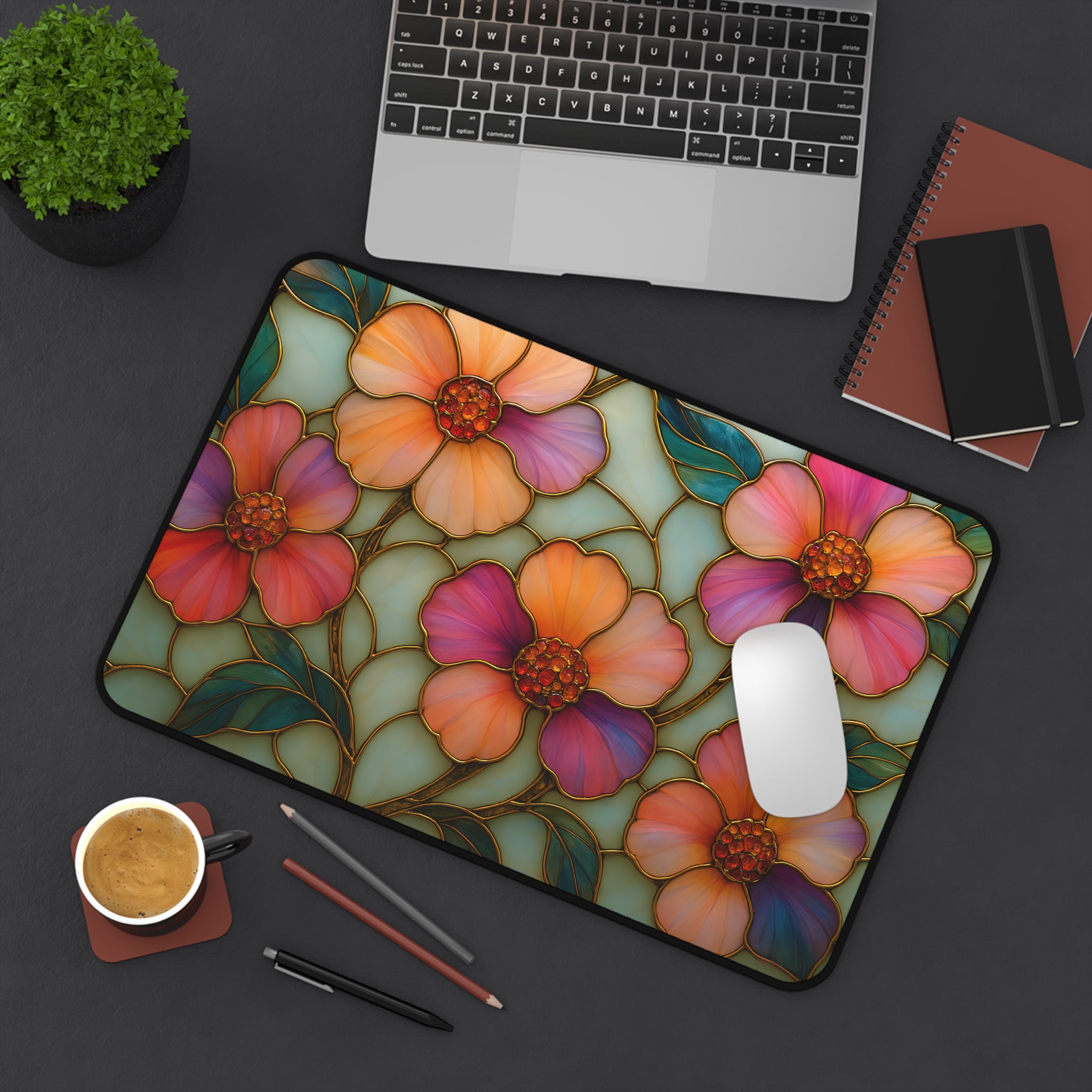 Wildflower Desk Mat Mousepad | Faux Stained Glass Floral Office Decor | Large Artistic Gaming Pad