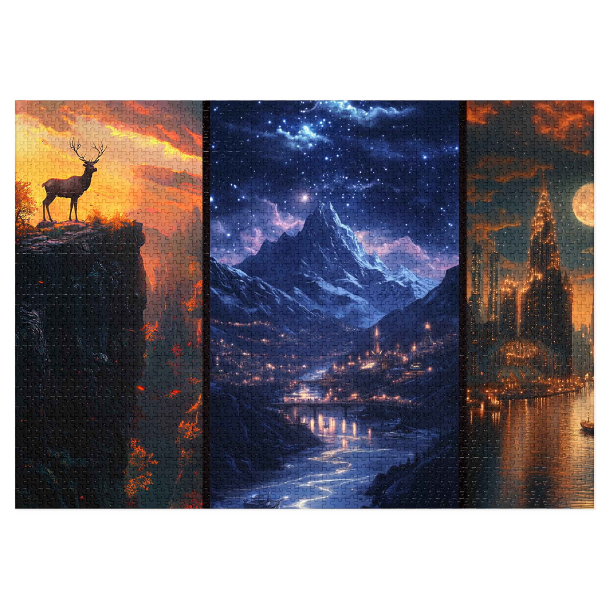 Majestic Fantasy Stag & Starry City Puzzle – Scenic Mountain Nightscape Jigsaw for Adults & Gifts