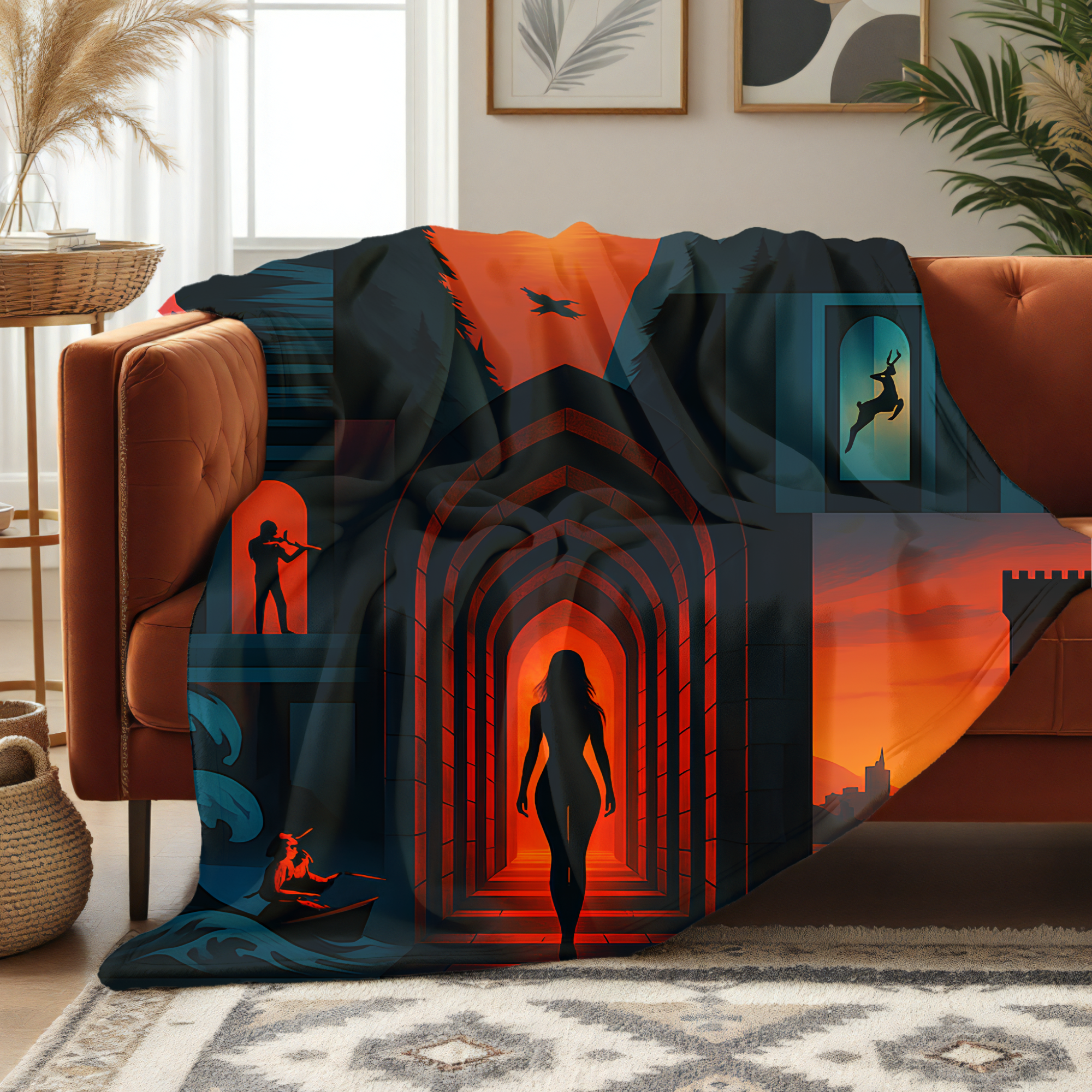 Aelin Galathynius inspired fleece throw for cozy readers,
vibrant orange and teal fleece blanket inspired by fantasy realms,
bookish home blanket inspired by Aelin’s strength,