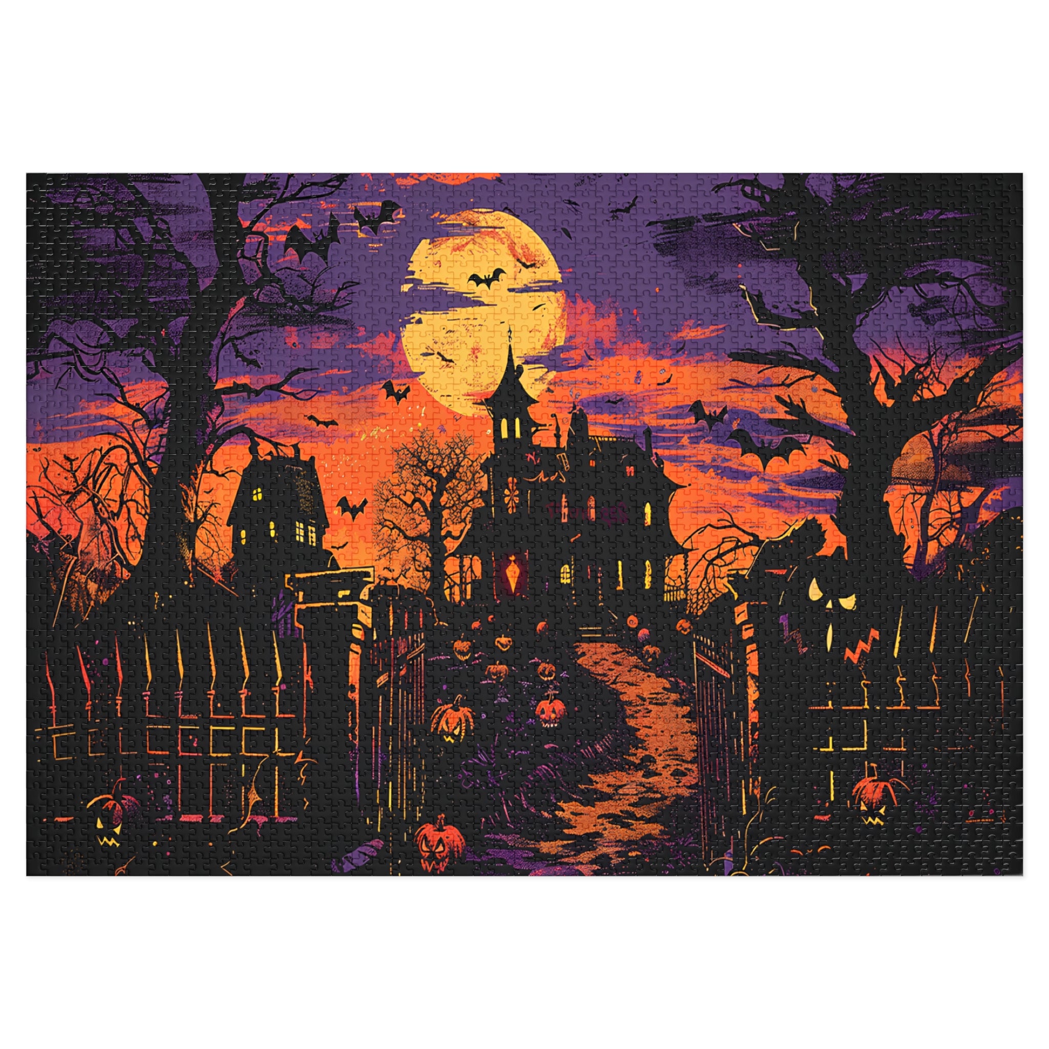 Haunted Mansion Halloween Jigsaw Puzzle Spooky Moonlit Gothic House with Pumpkins, Bats & Autumn Night