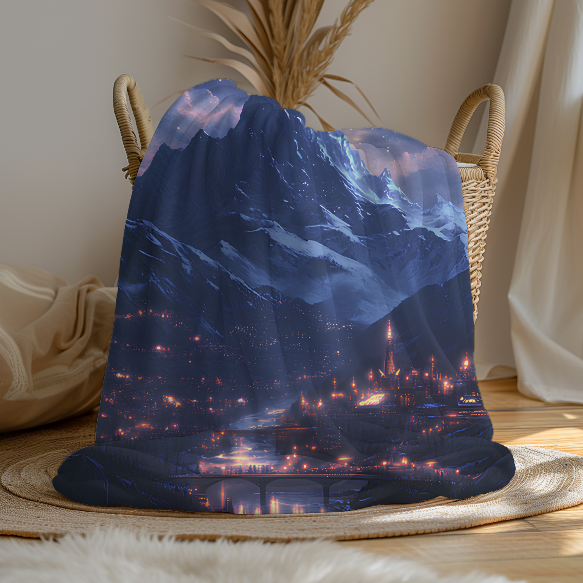 Soft fantasy throw blanket draped over cozy reading nook chair
Celestial night sky blanket for book lovers and dreamers