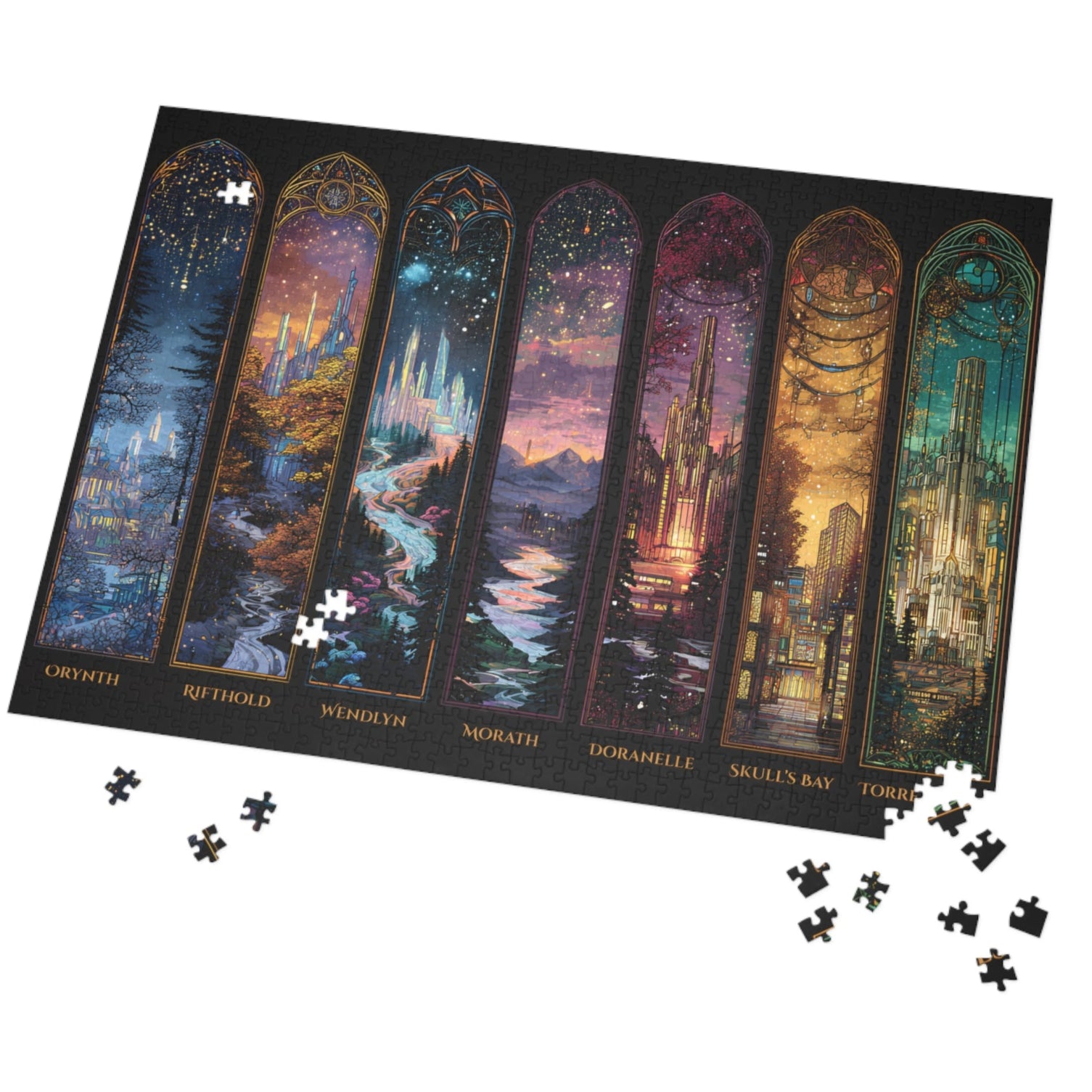 Bookish jigsaw puzzle collectible gift for fantasy fans,
Throne of Glass puzzle showing seven iconic fantasy locations,