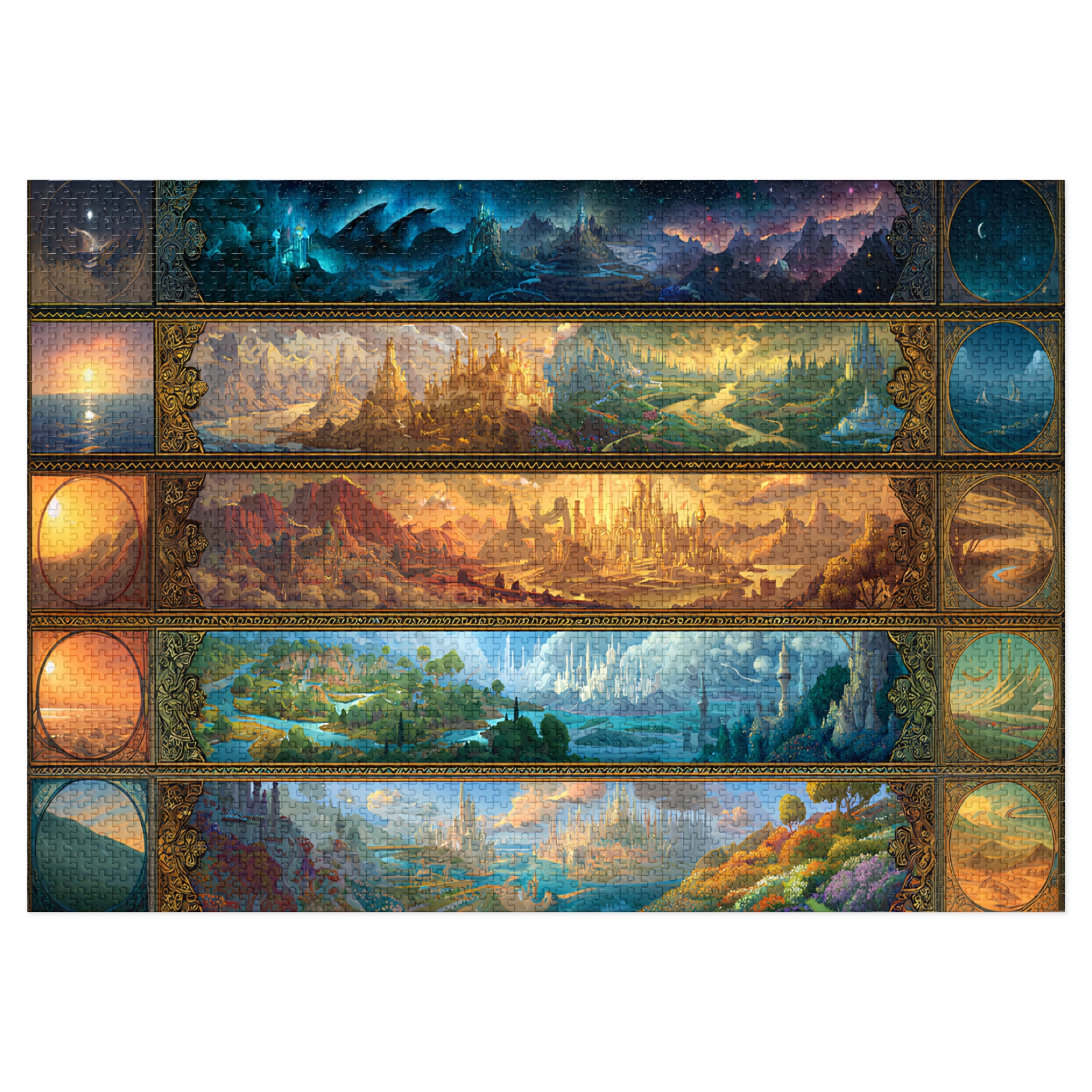 Fantasy Realms Puzzle 7 Court Elemental Jigsaw with Castles, Whimsical Magical Gift for Book Lovers
