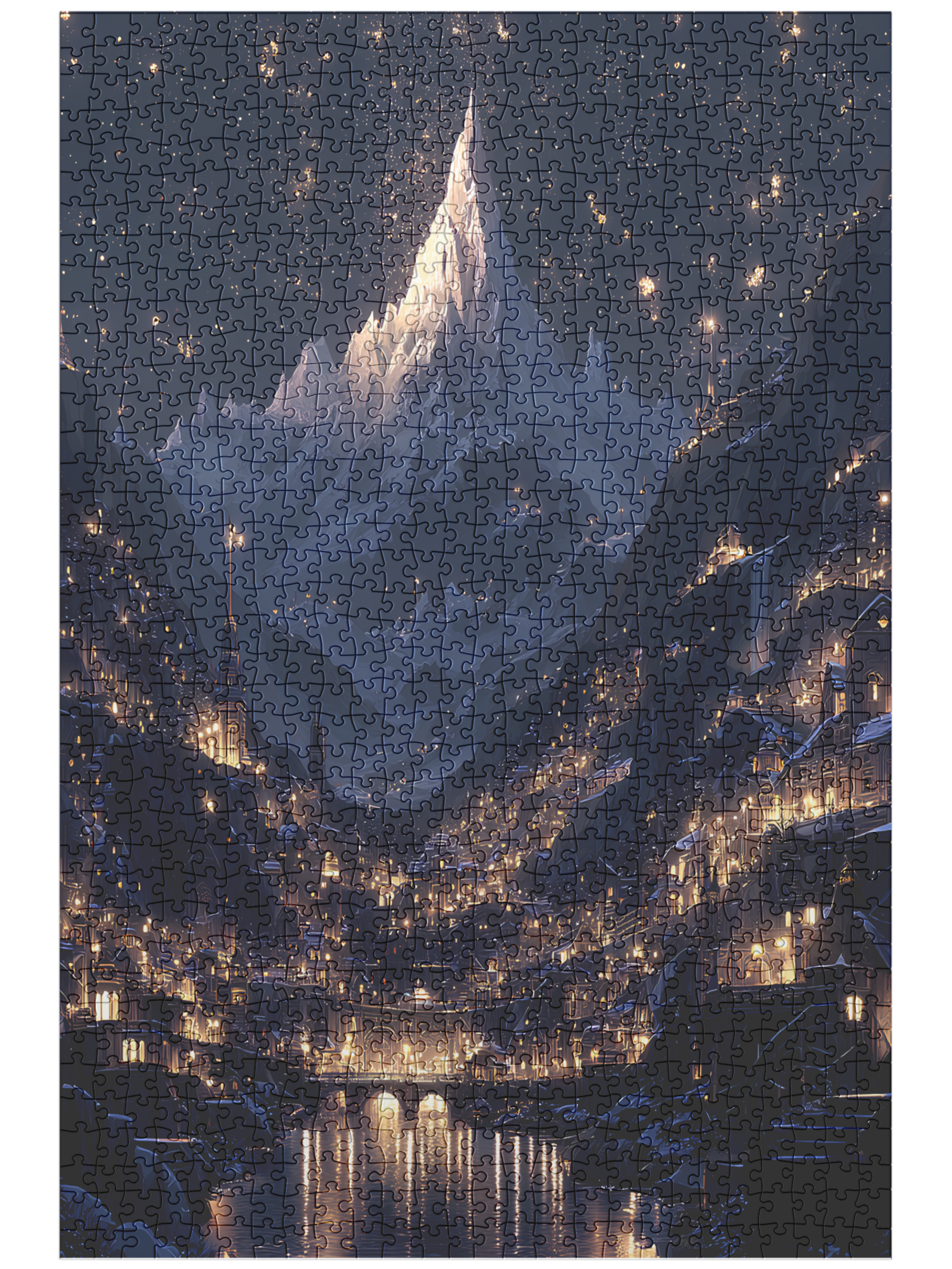 Fantasy Mountain Christmas Village Puzzle – Starry Night Snowy River Town Fairytale Jigsaw Gift