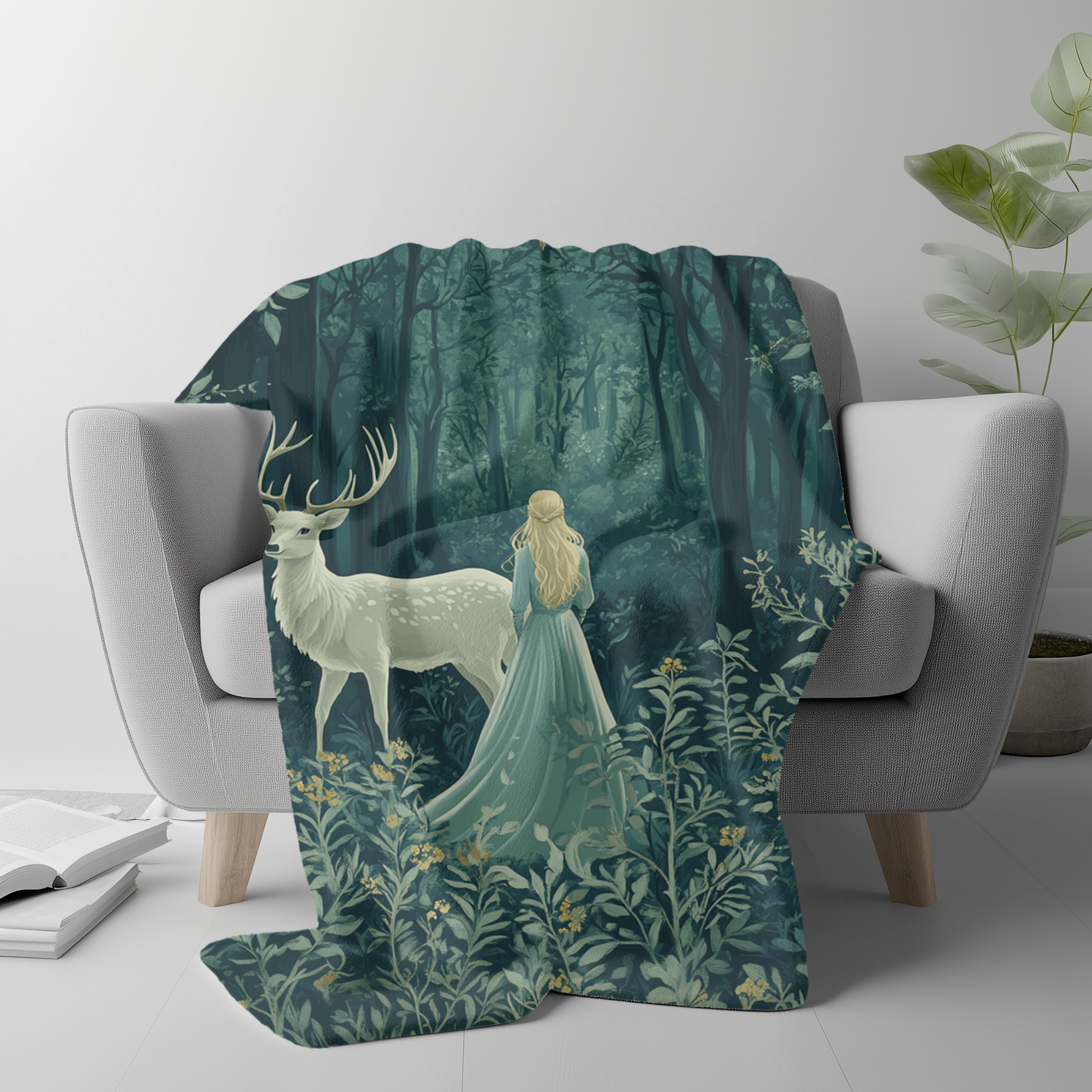 Romantic fantasy fleece blanket with serene forest scene,
Cozy fairytale throw featuring woman in flowing dress and stag,