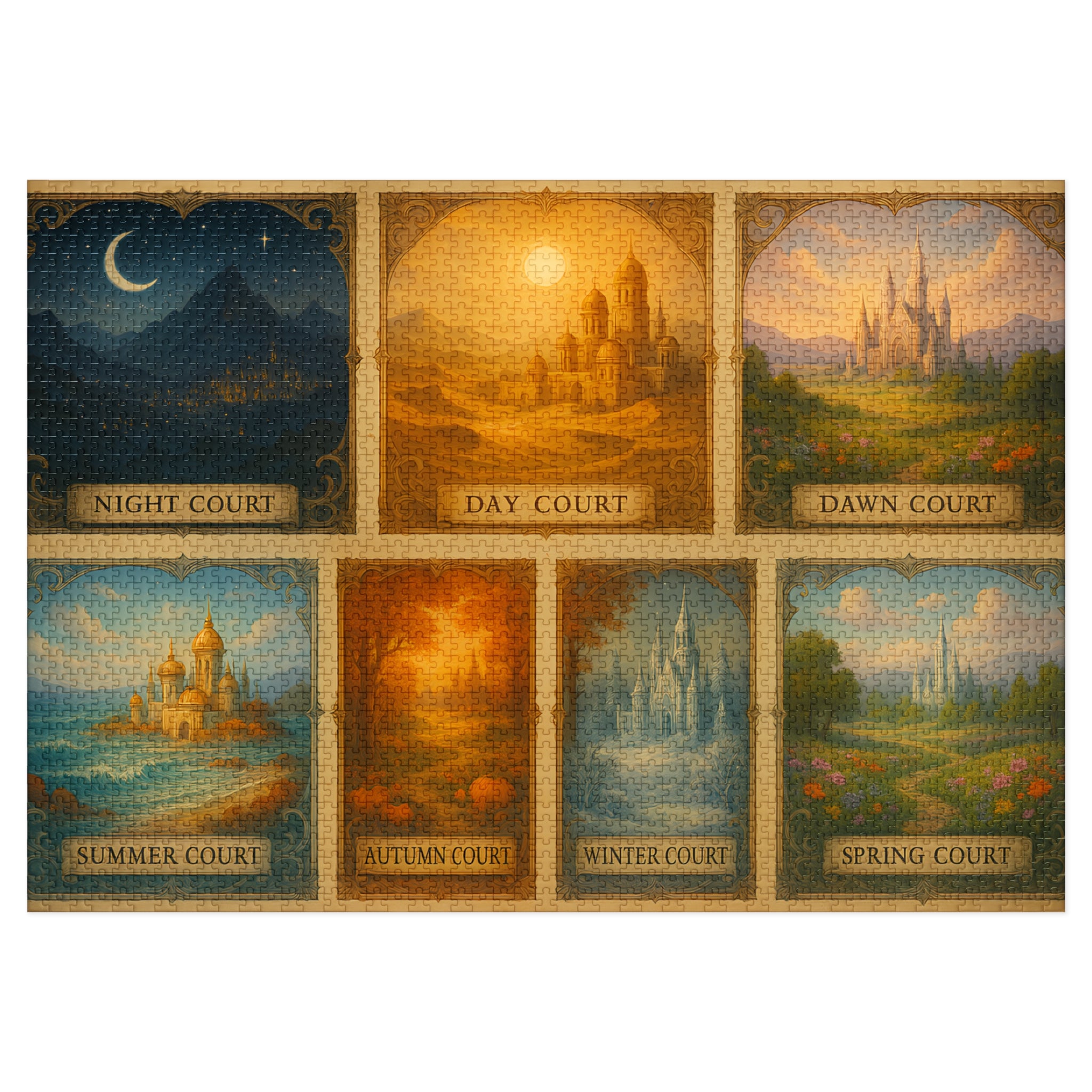 Fantasy Seasonal Courts Jigsaw Puzzle – 7 Magical Realms with Castles, Mystical Puzzle Gift for Her