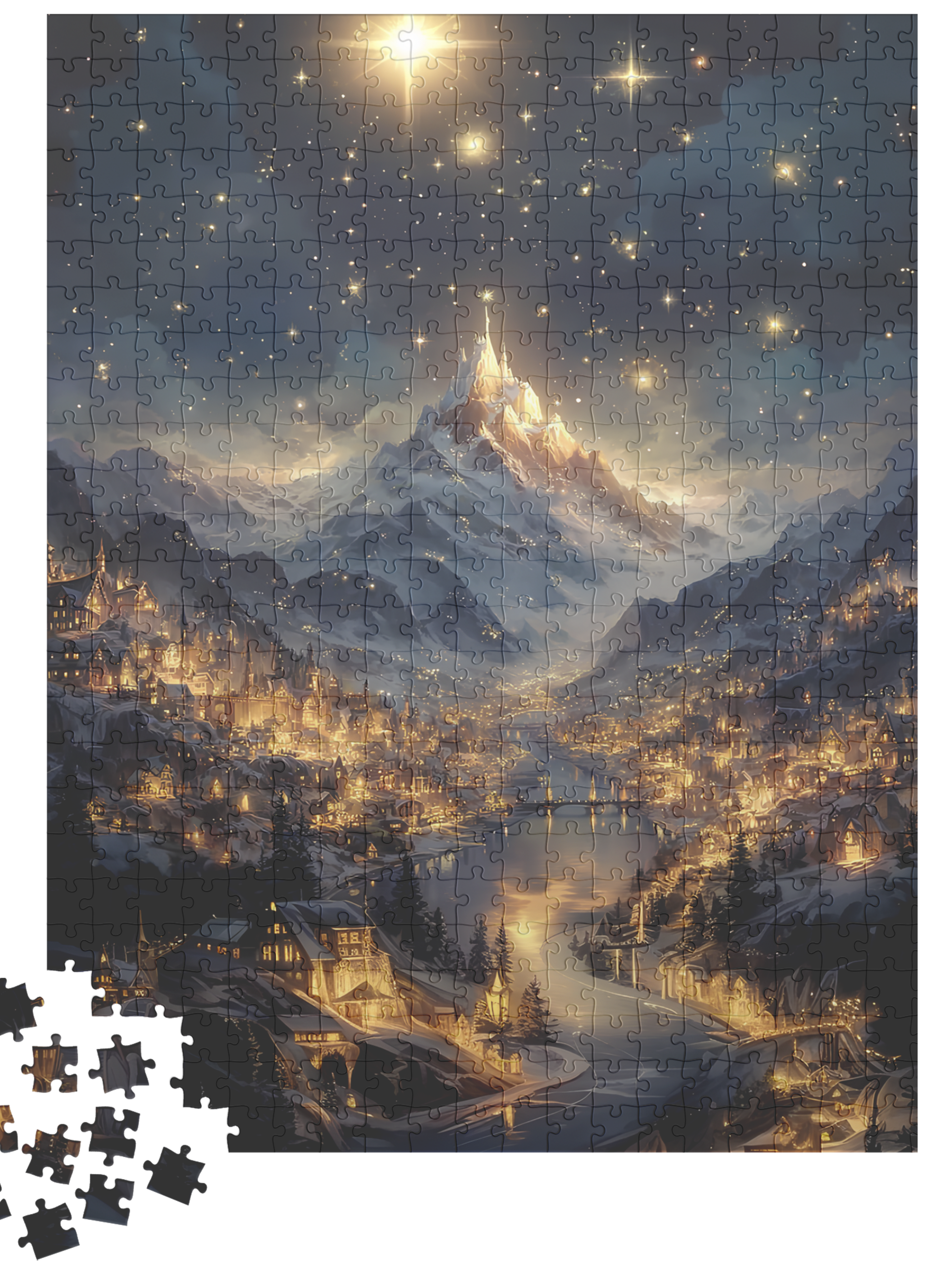 Fantasy Christmas Village Jigsaw Puzzle – Starry Night Snowy Mountain Town Holiday Gift