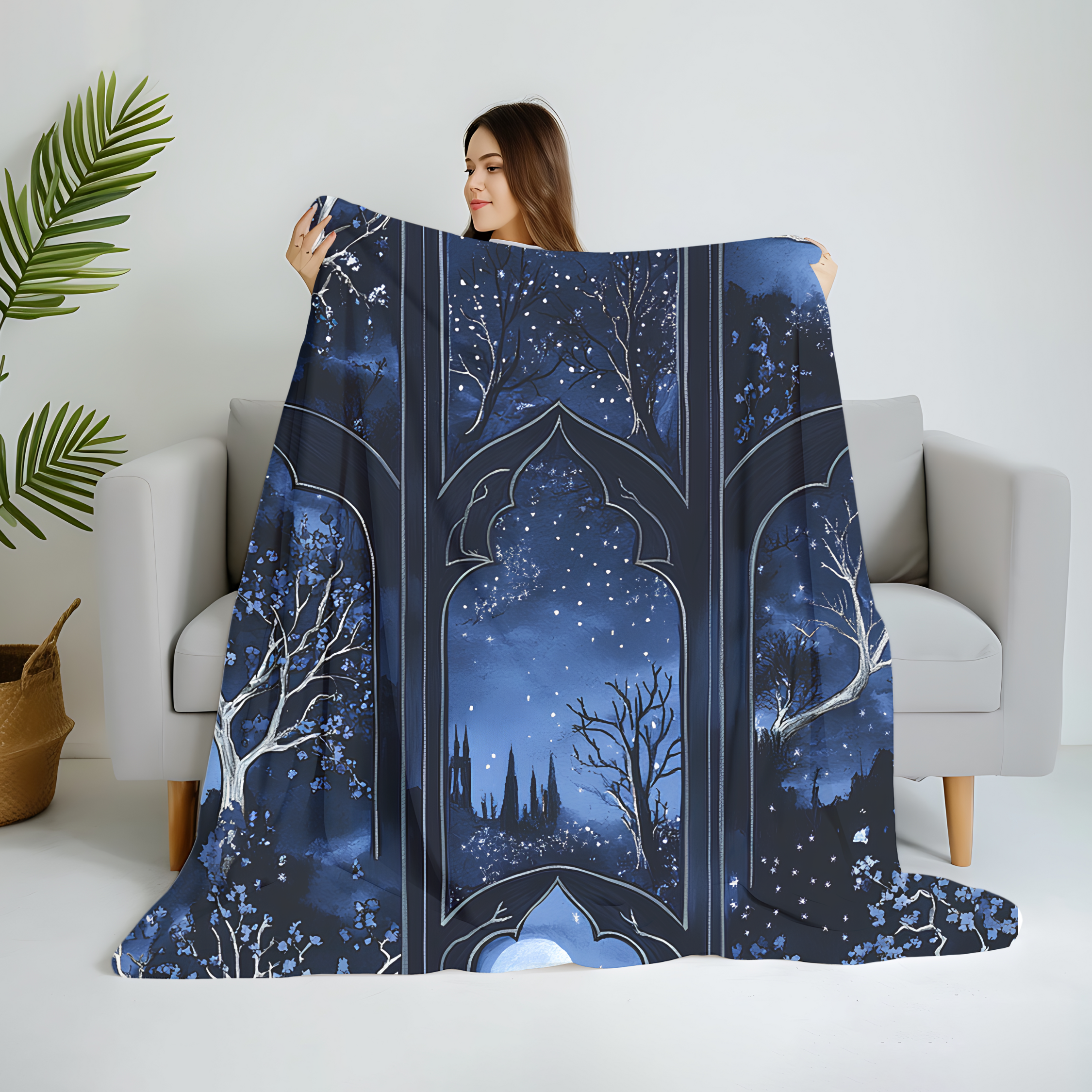 Moonlit Forest Gothic Arches Blanket | Cozy Celestial Throw for Reading Nook or Fantasy Home Decor