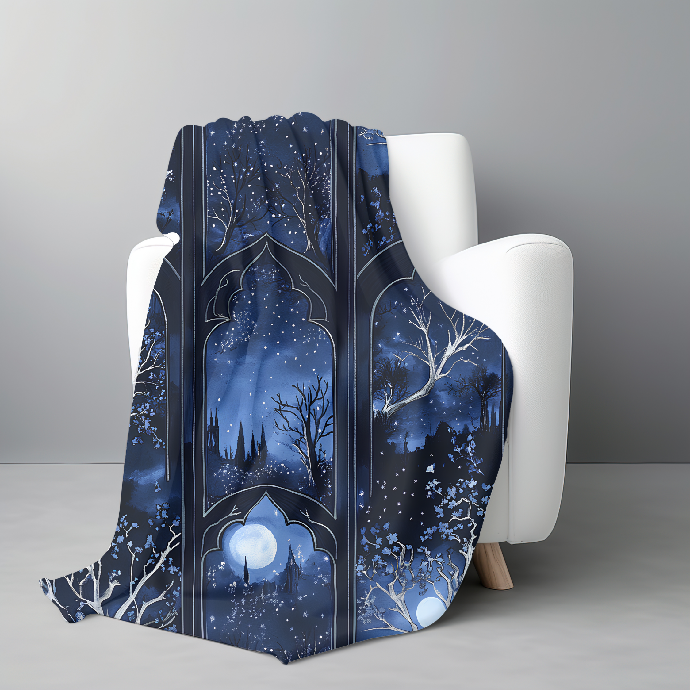 Moonlit Forest Gothic Arches Blanket | Cozy Celestial Throw for Reading Nook or Fantasy Home Decor