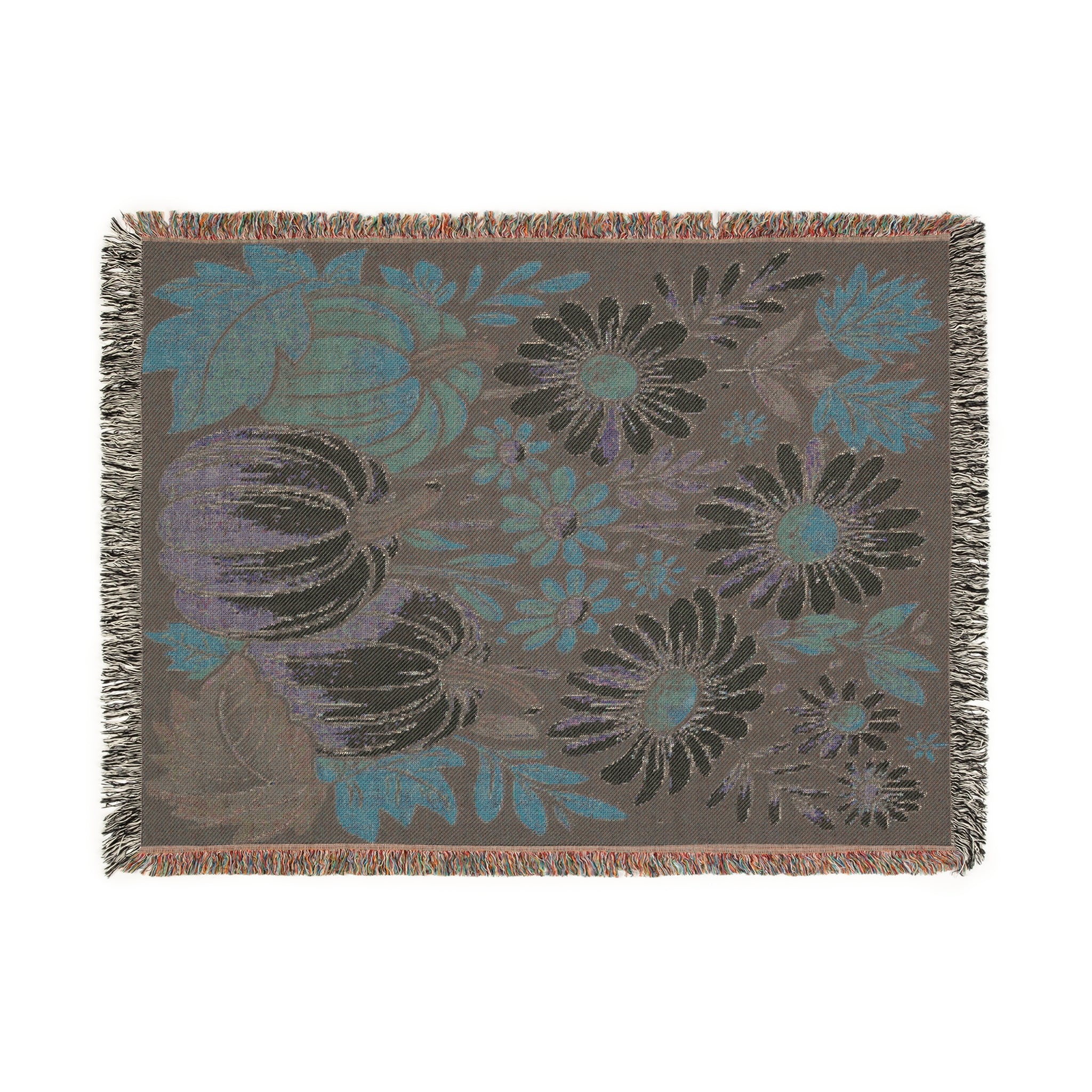 Pumpkin & Daisy Woven Throw Blanket – Cozy Autumn Harvest Farmhouse Fall Decor | Rustic Floral Tapestry
