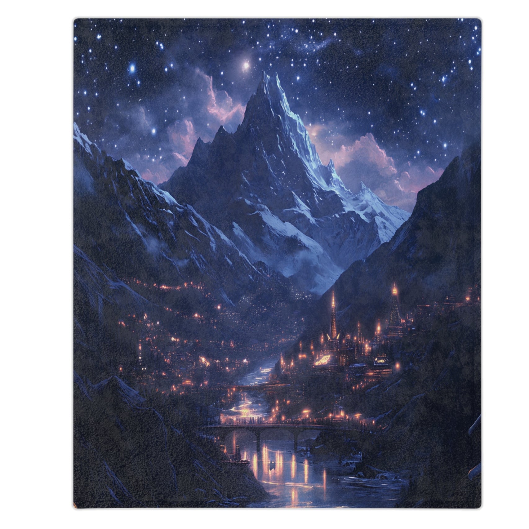 Celestial throw blanket laid over boho bedspread with pillows
Cozy blanket for fall and winter nights, featuring starry sky design