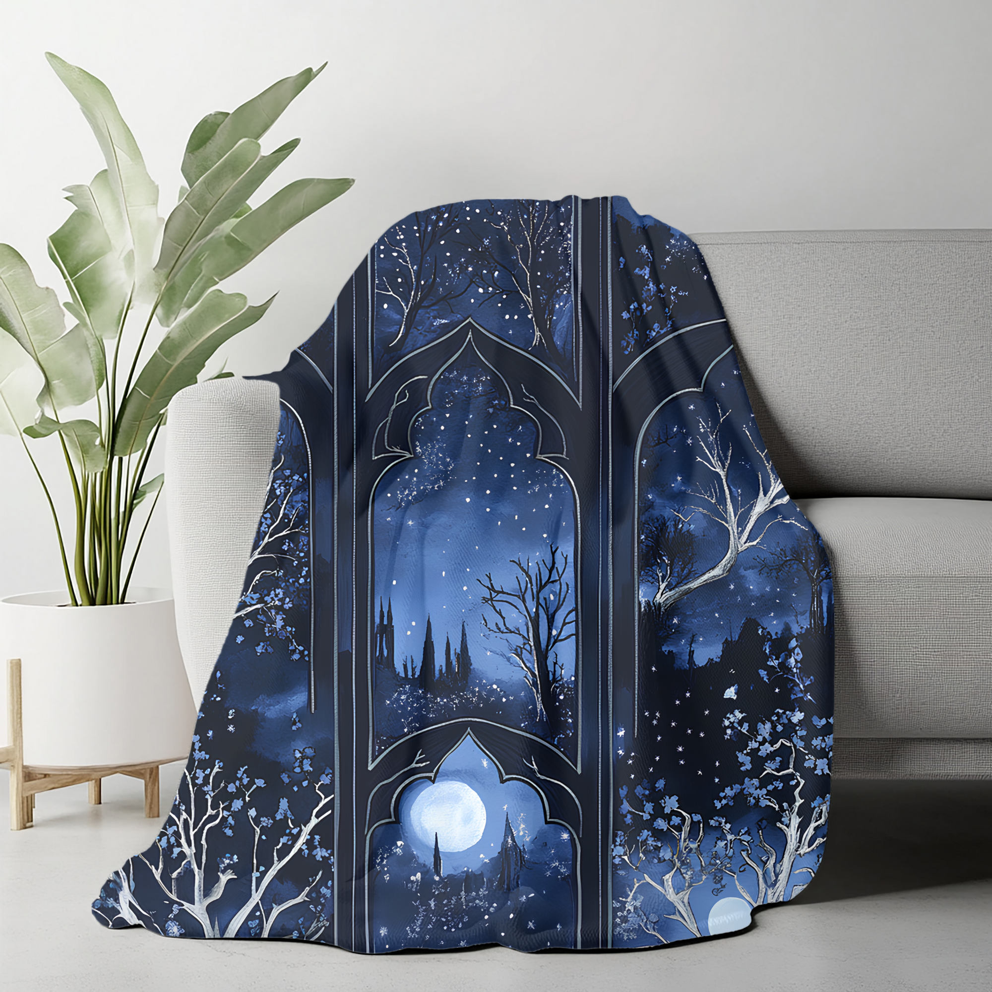 Moonlit Forest Gothic Arches Blanket | Cozy Celestial Throw for Reading Nook or Fantasy Home Decor