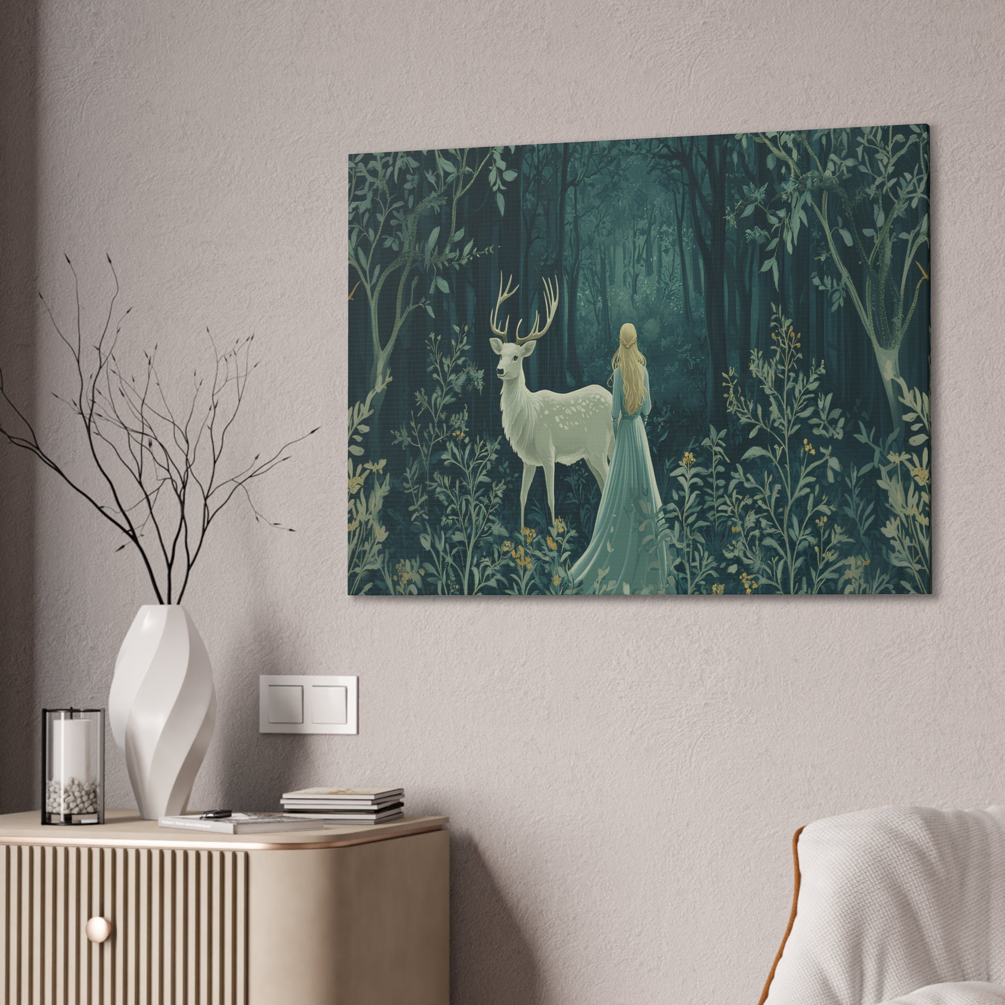Enchanted Forest Stag & Maiden Canvas Wall Art Mystical Woodland Nature Lover Home Décor