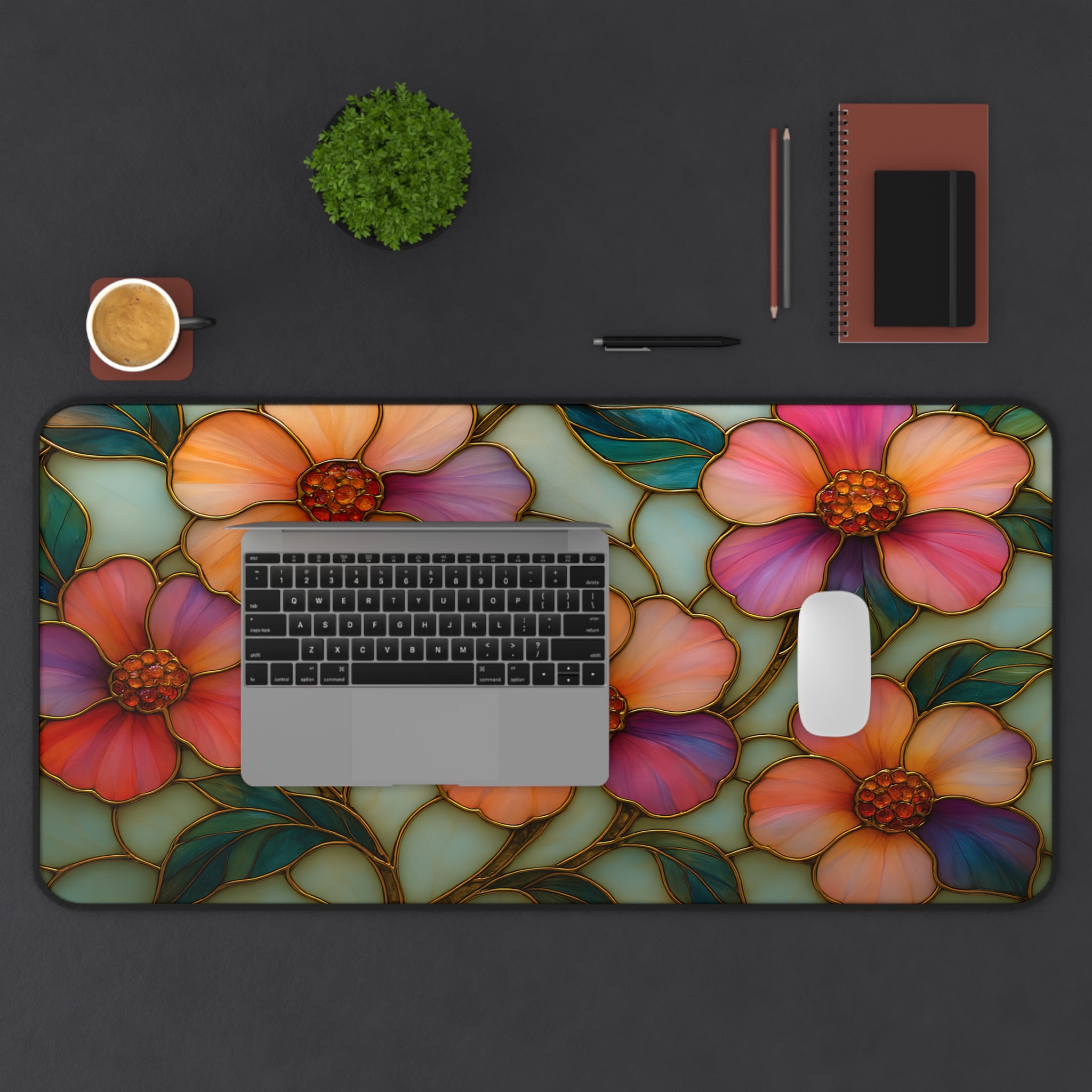 Wildflower Desk Mat Mousepad | Faux Stained Glass Floral Office Decor | Large Artistic Gaming Pad