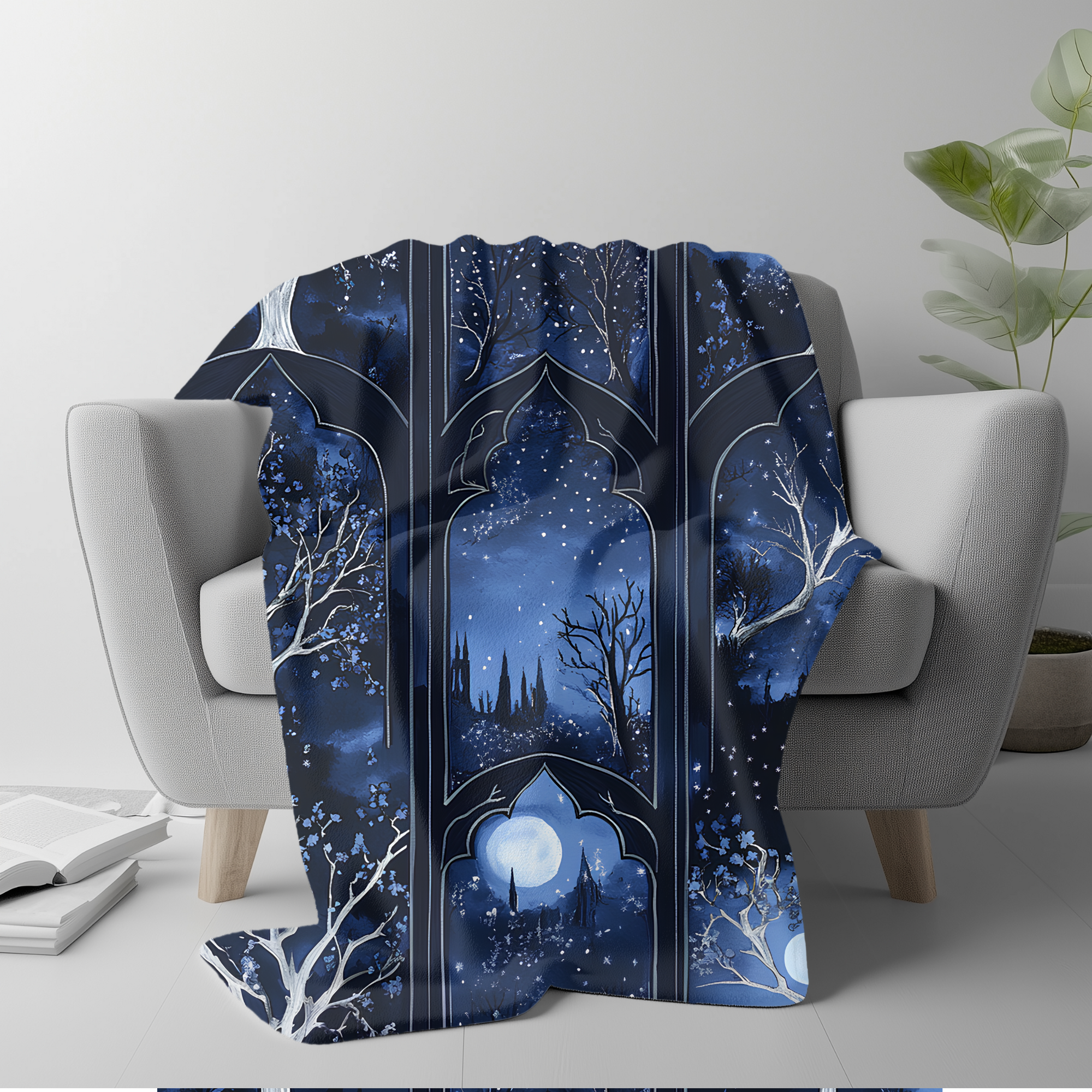 Moonlit Forest Gothic Arches Blanket | Cozy Celestial Throw for Reading Nook or Fantasy Home Decor