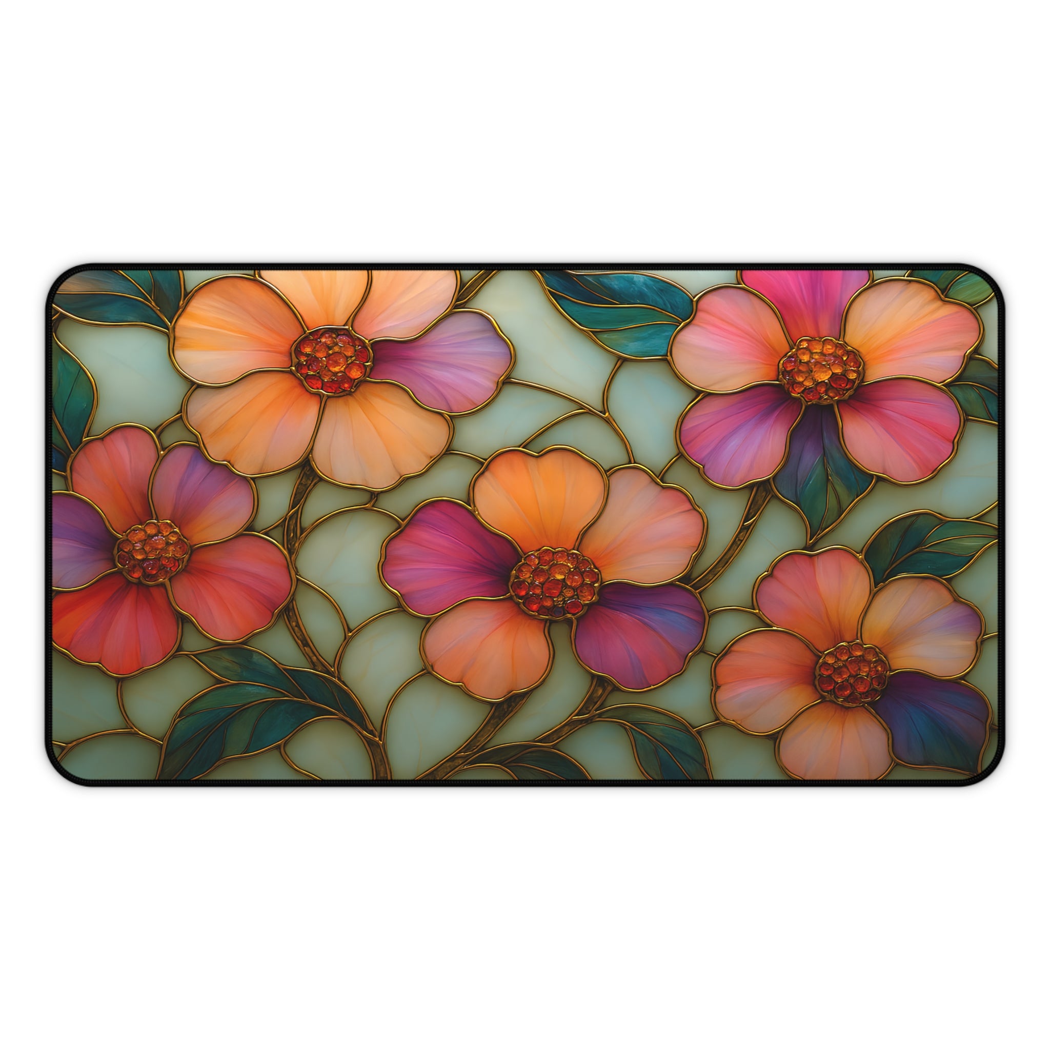 Wildflower Desk Mat Mousepad | Faux Stained Glass Floral Office Decor | Large Artistic Gaming Pad