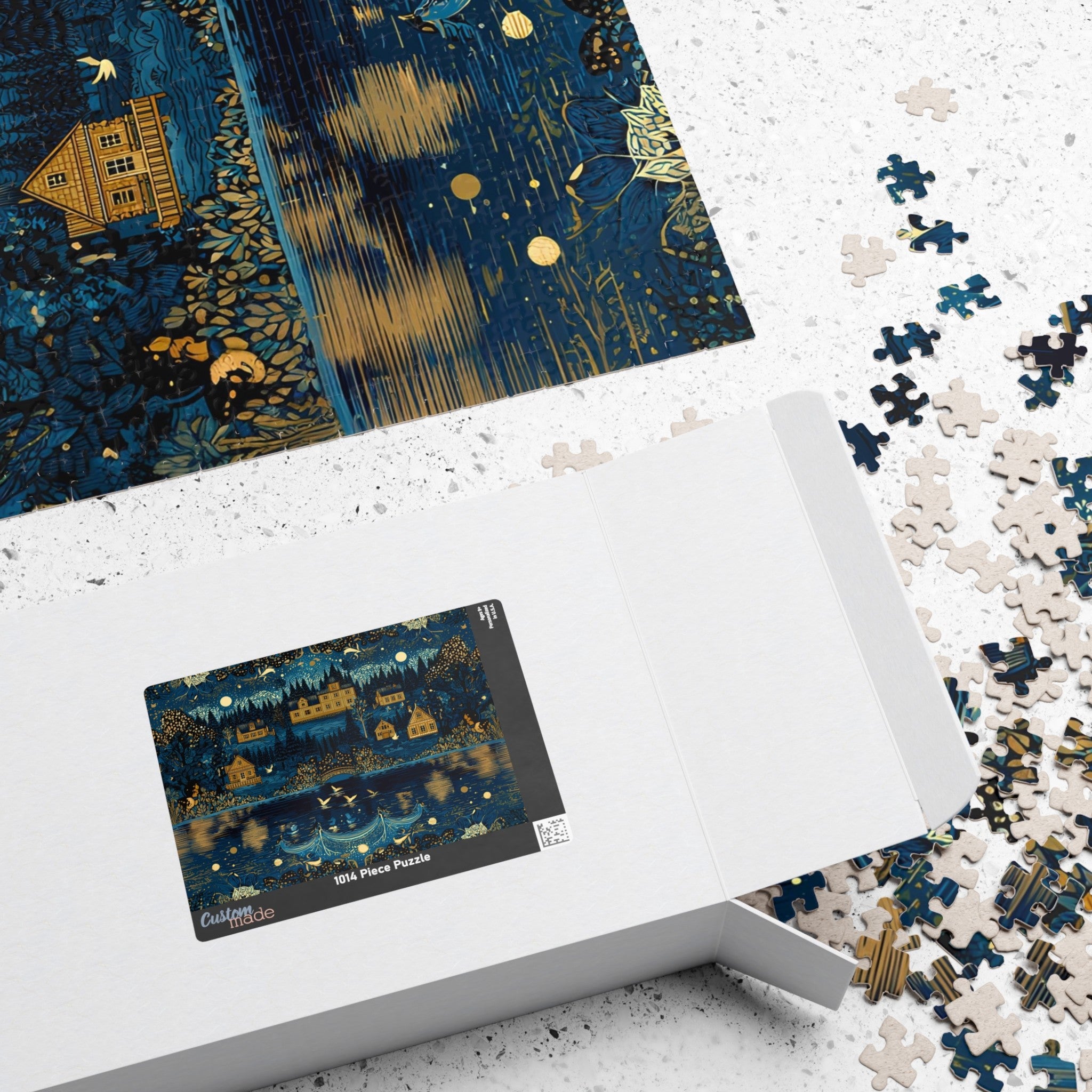 relaxing puzzle for tea time evenings, forest cottage puzzle with moonlit lake reflection, cozy winter puzzle activity for adults