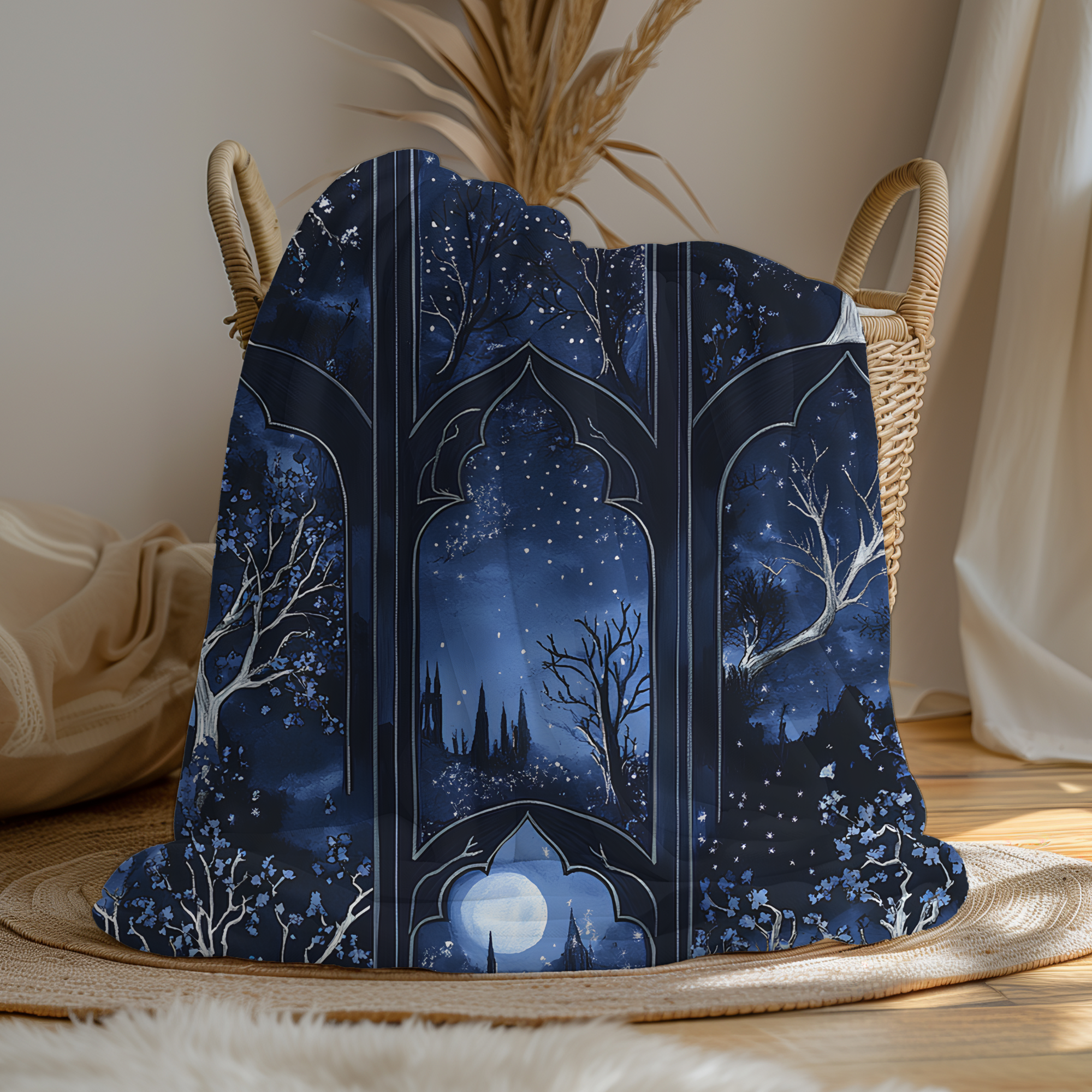 Moonlit Forest Gothic Arches Blanket | Cozy Celestial Throw for Reading Nook or Fantasy Home Decor