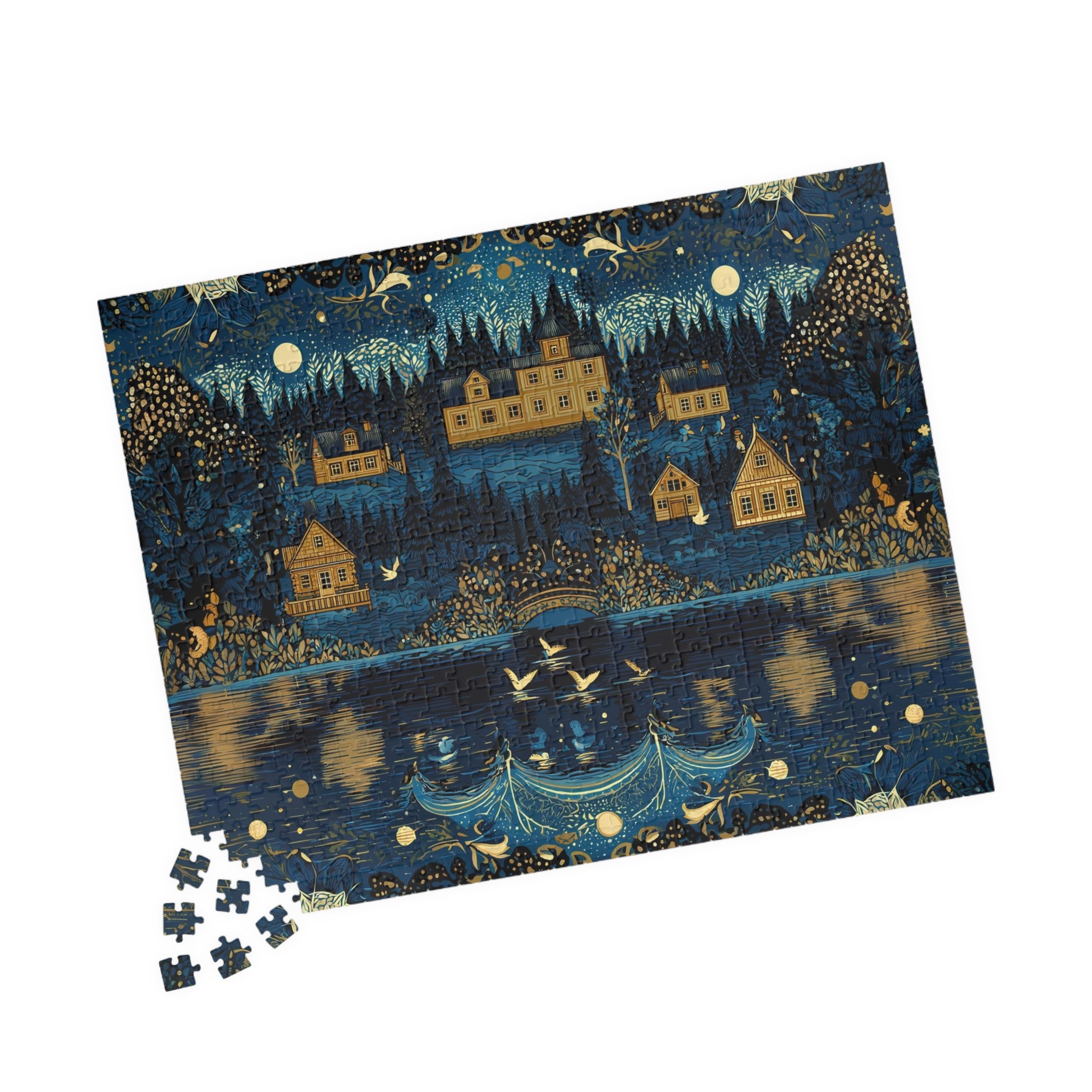 cottagecore night village puzzle for relaxing hobby time, vintage inspired village puzzle with navy blue background, art jigsaw puzzle featuring peaceful forest town at night