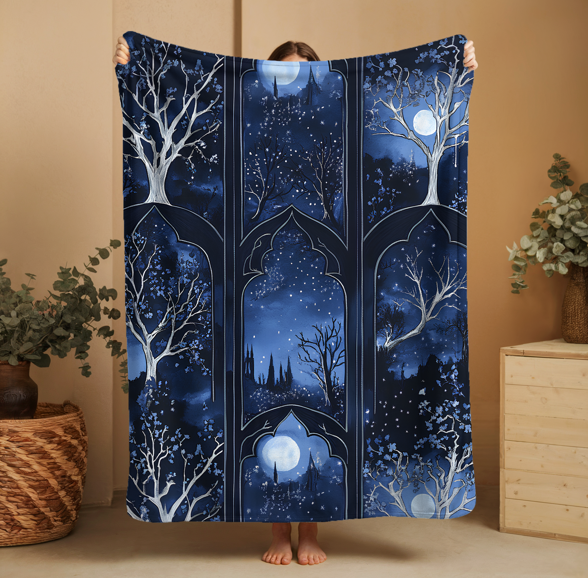 Moonlit Forest Gothic Arches Blanket | Cozy Celestial Throw for Reading Nook or Fantasy Home Decor