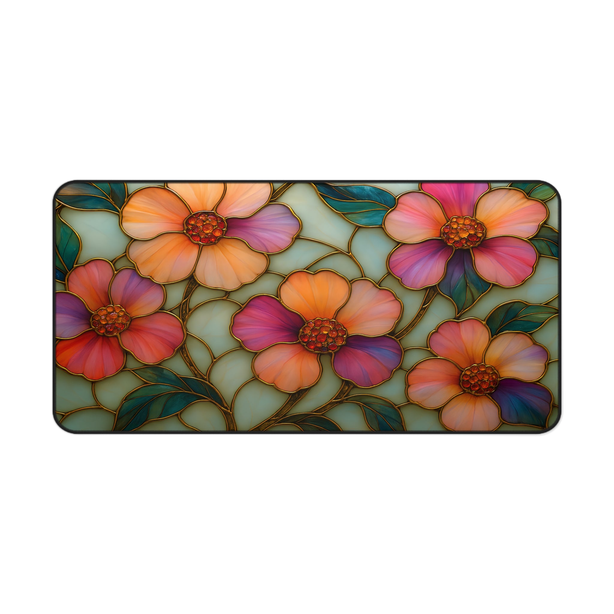 Wildflower Desk Mat Mousepad | Faux Stained Glass Floral Office Decor | Large Artistic Gaming Pad