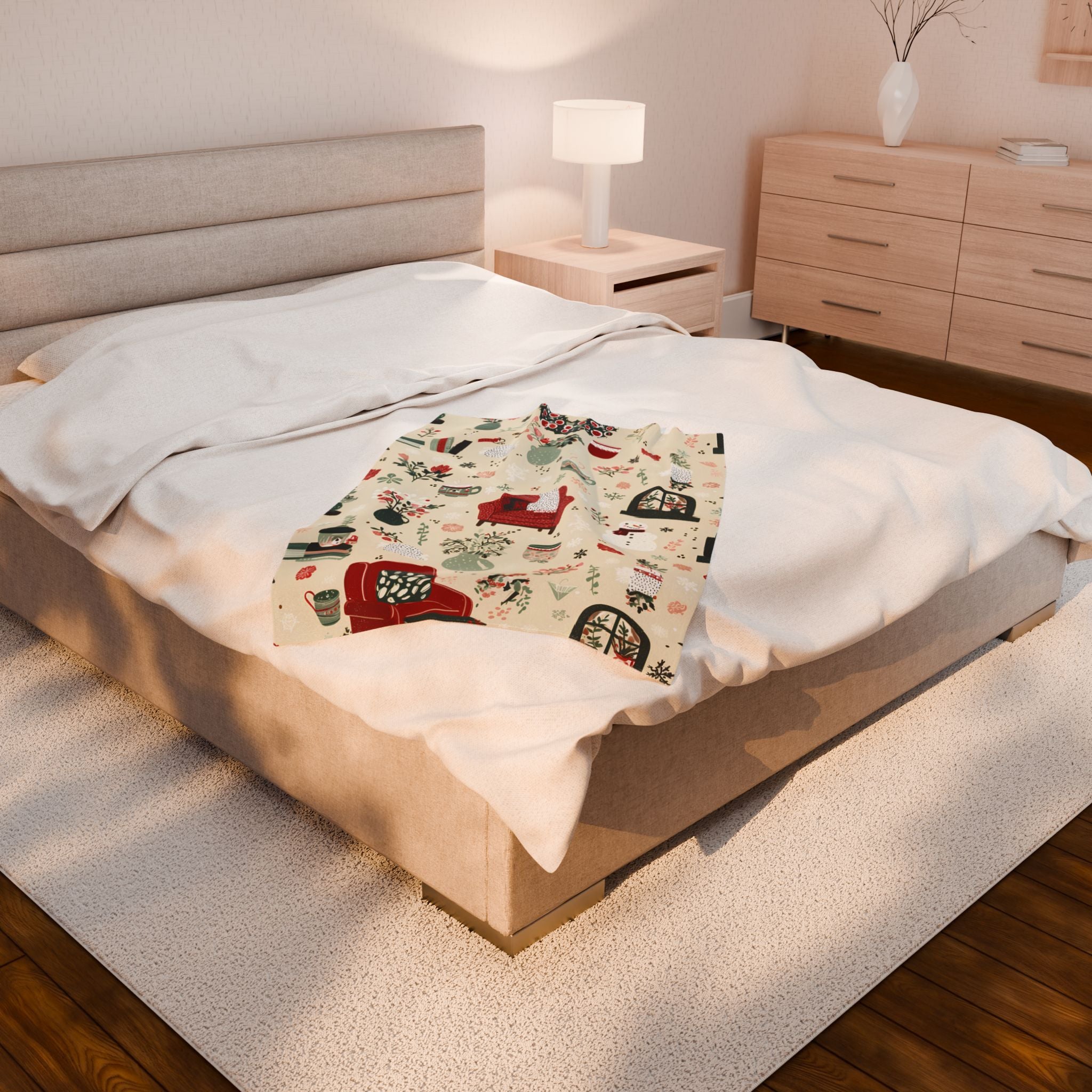 Velveteen Plush Christmas Blanket – Snowman Cocoa Floral Wreath Soft Cozy Holiday Throw