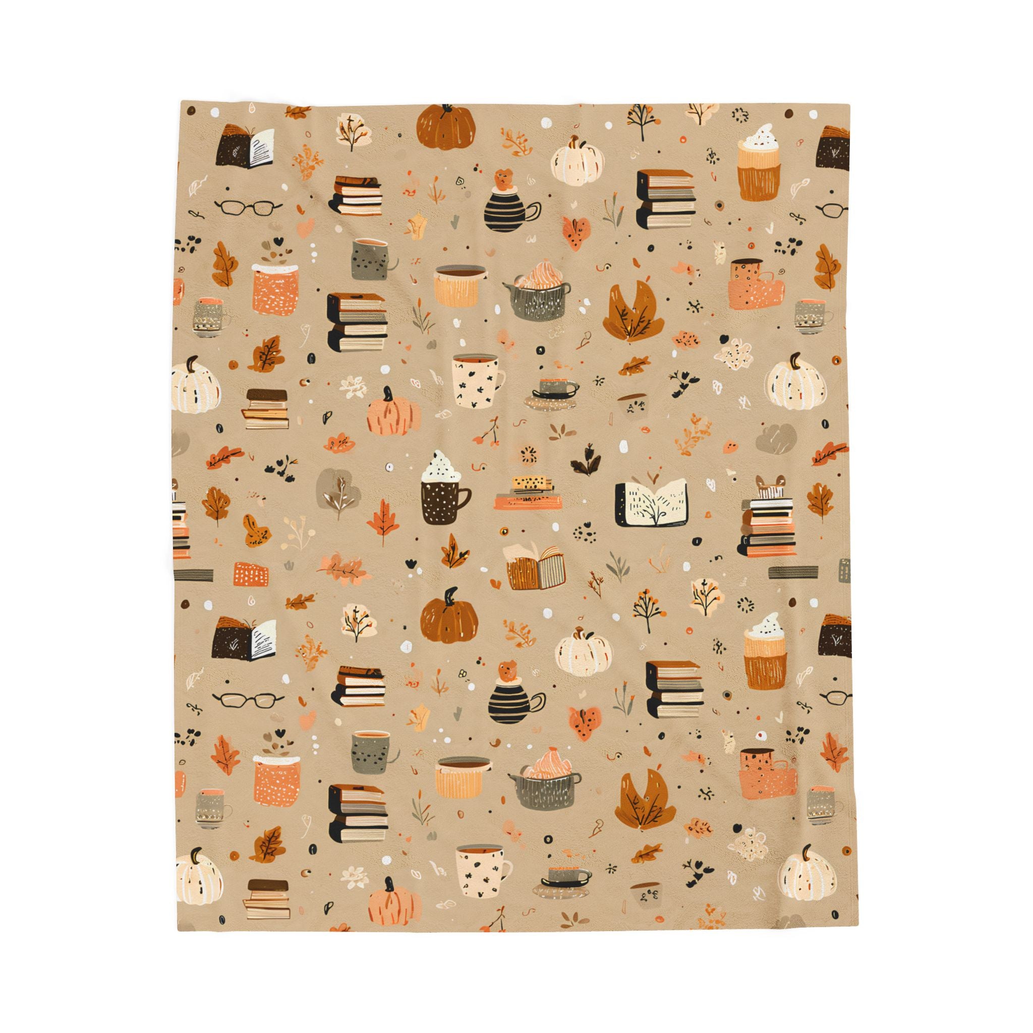 Cozy Velveteen Fall Blanket with Pumpkins Coffee Books Cottagecore Neutral Plush Throw
