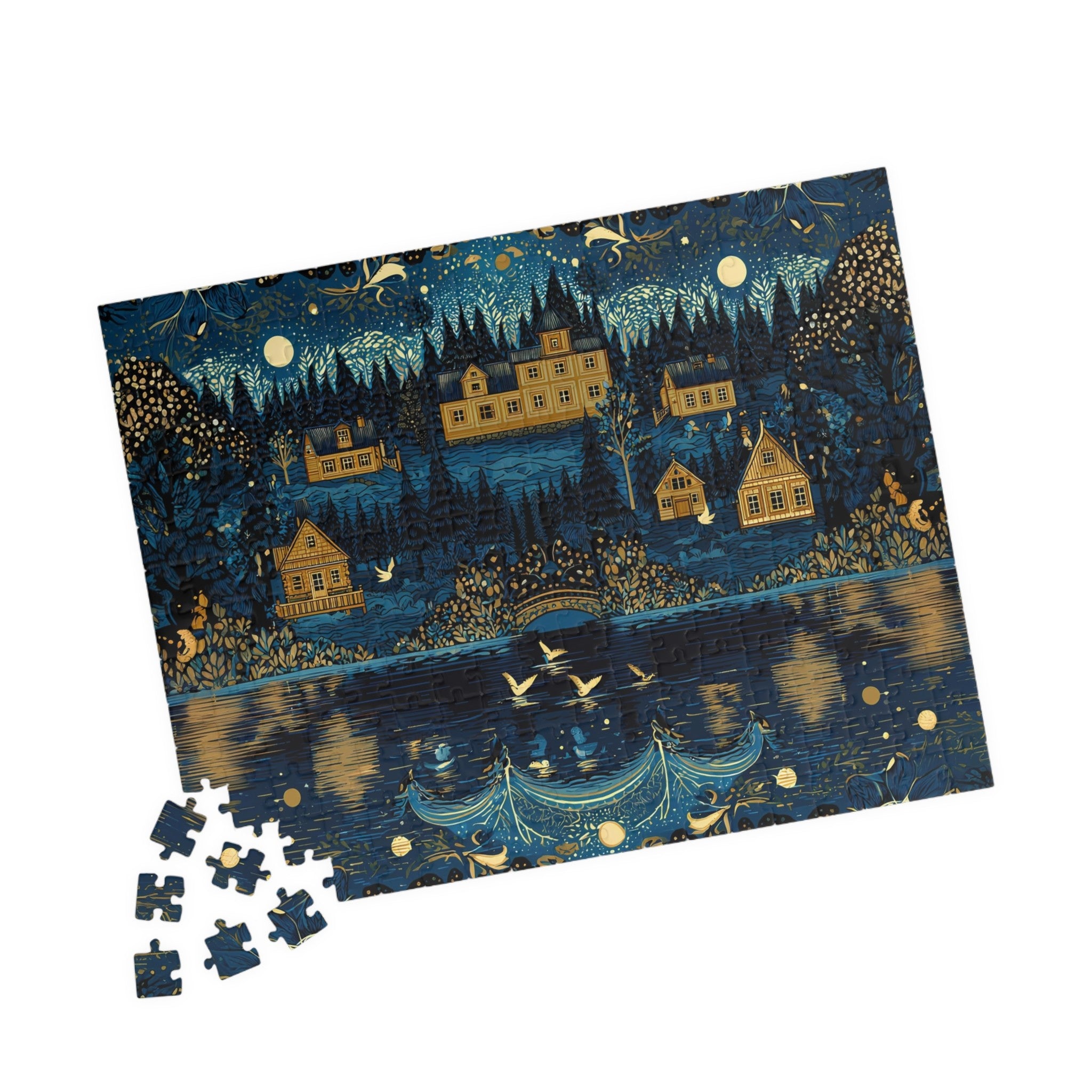 peaceful storybook landscape puzzle for adults, vintage cottage puzzle with starry sky scene, cozy cabin village puzzle with forest backdrop, art puzzle showing nighttime countryside village