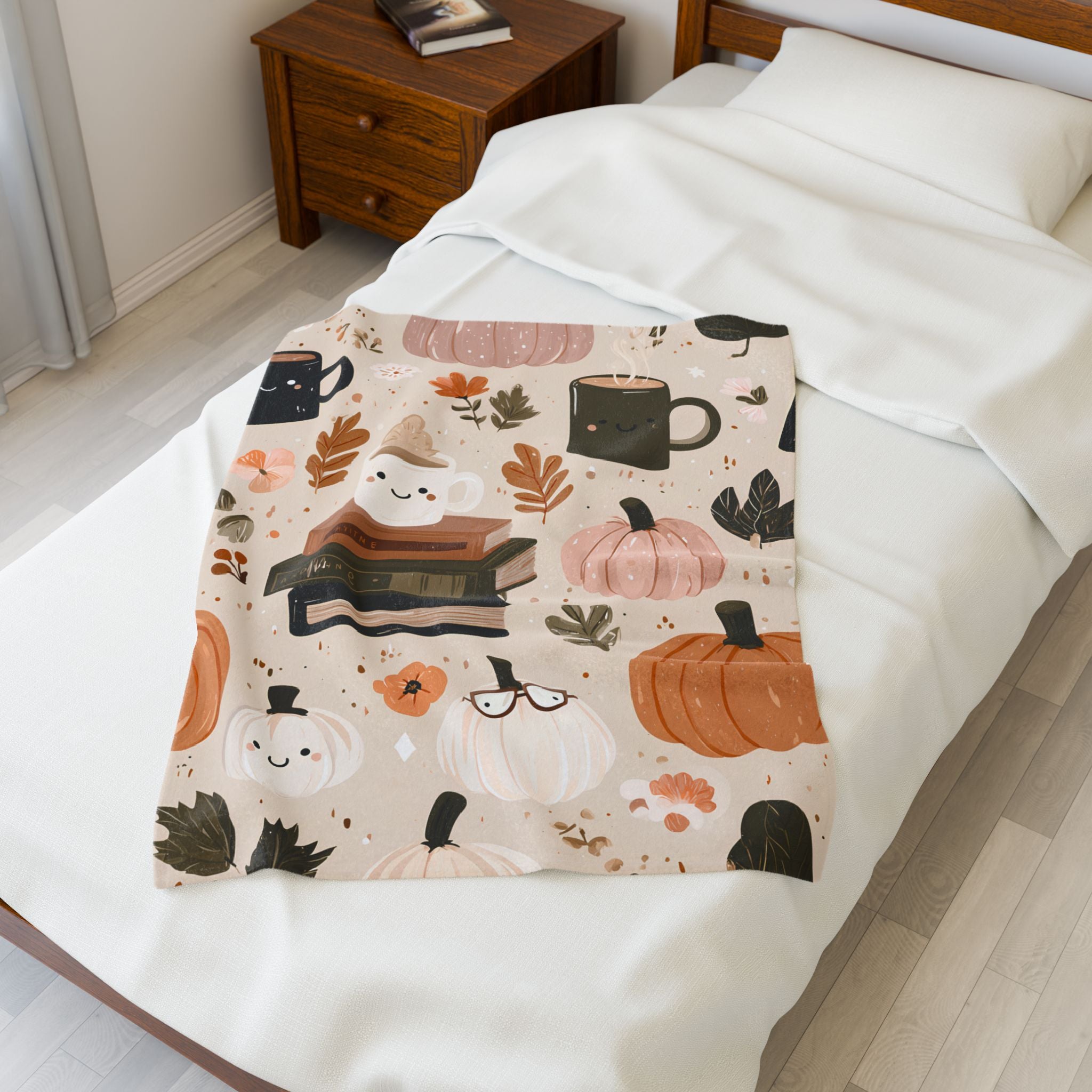 Cozy Velveteen Fall Blanket โ Pumpkin Coffee Floral Print Autumn Throw, Cottagecore Neutral Decor