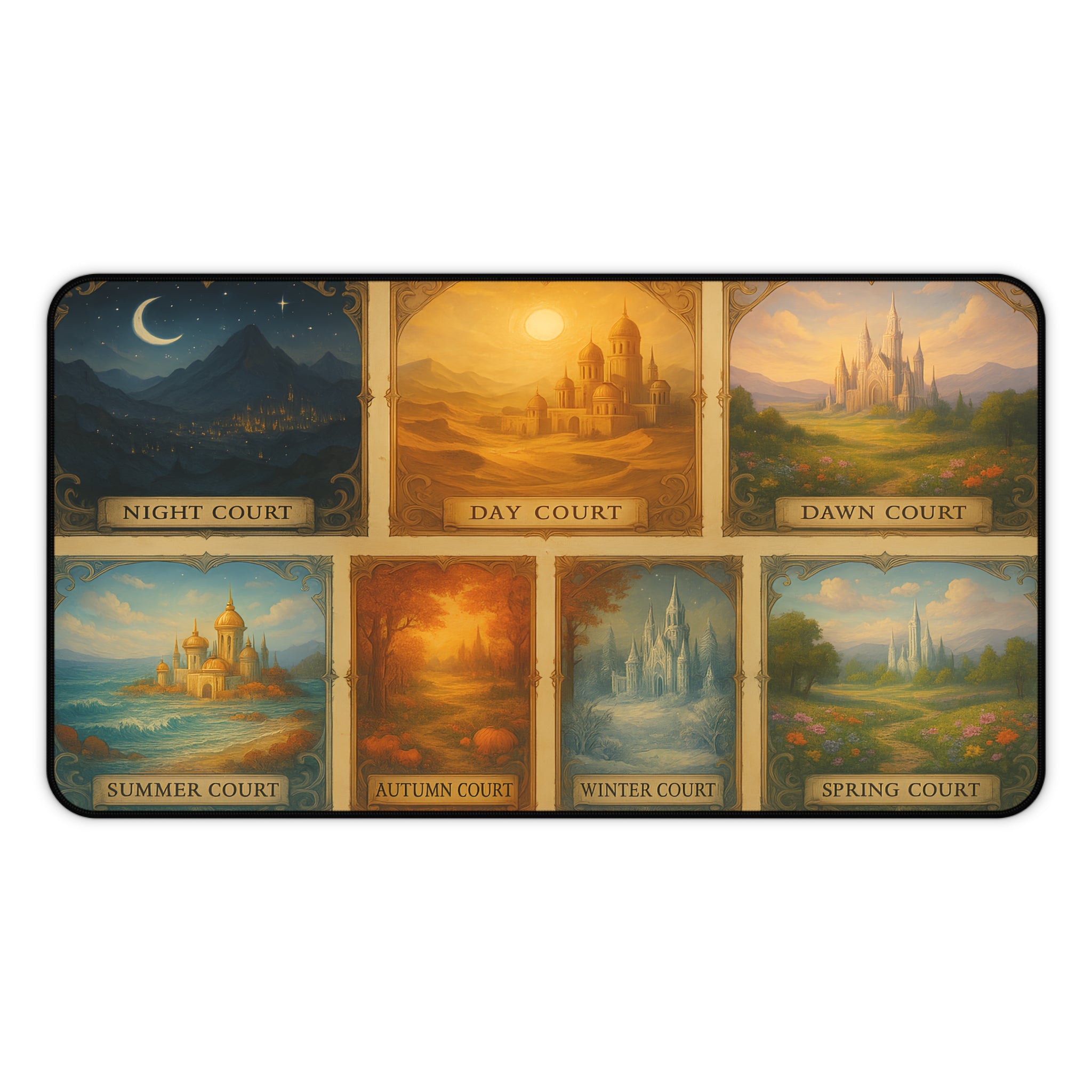 autumn court warm forest palace desk mat for writers, winter court icy castle fantasy office desk accessory