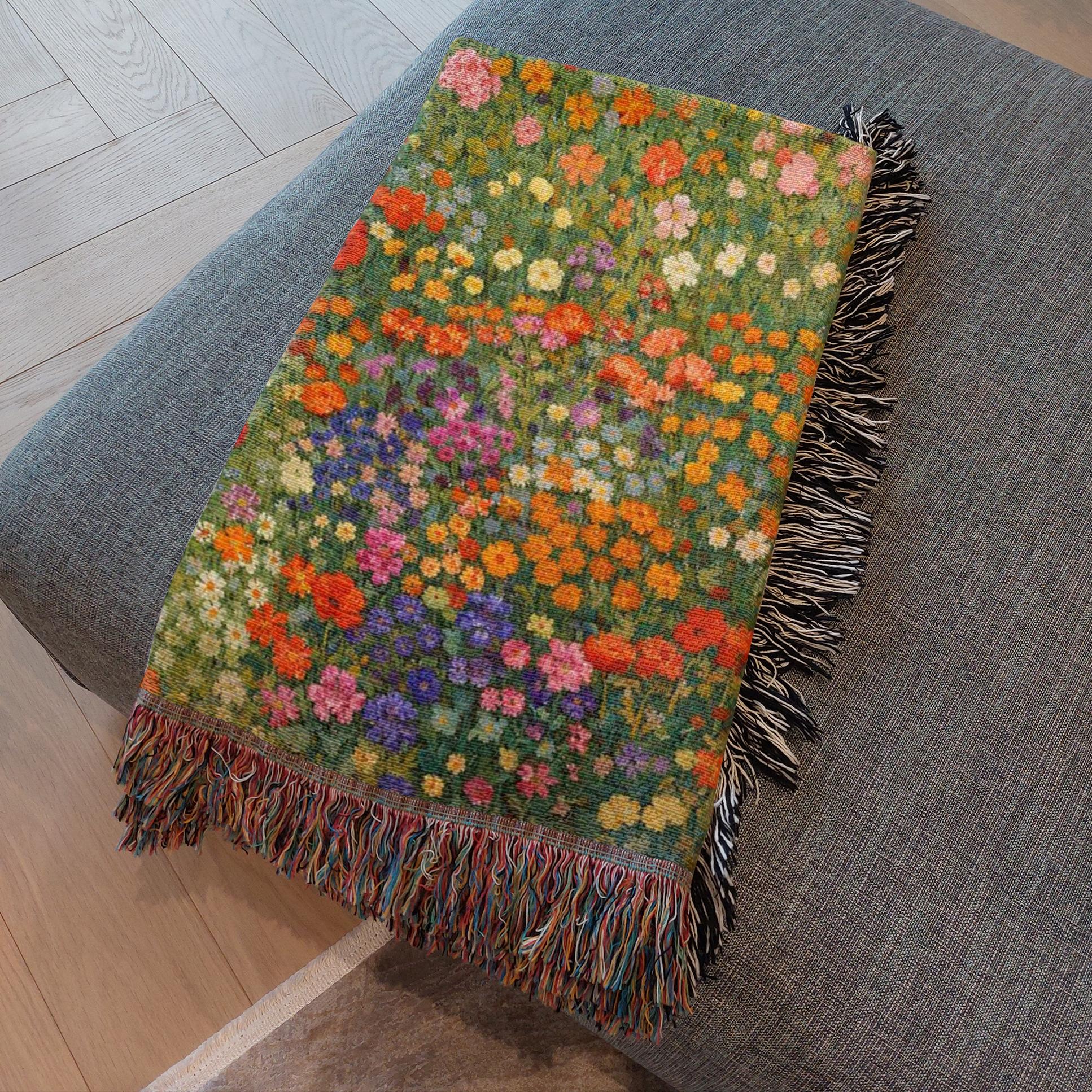 colorful wildflower tapestry blanket for cottage living room, floral woven cotton blanket draped for home decor styling, romantic botanical blanket with spring flowers pattern