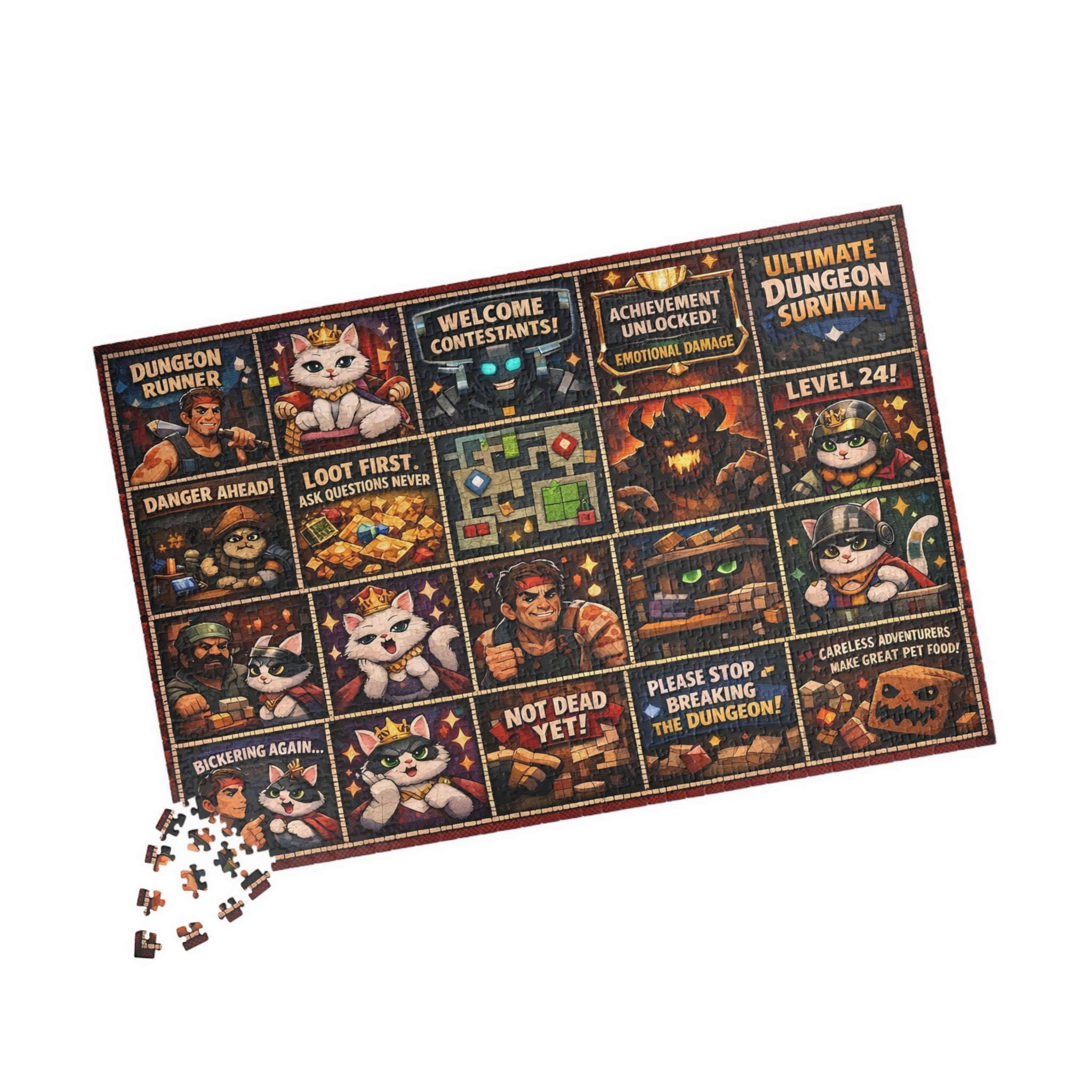 comic style dungeon crawler cat jigsaw puzzle with rpg panels and fantasy scenes, funny fantasy cat puzzle featuring boss fight and treasure room