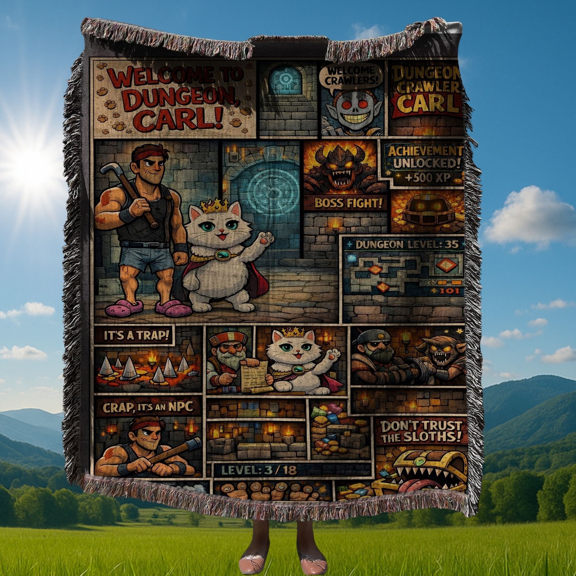 dungeon crawler cat woven blanket on couch, funny gamer cat tapestry throw, fantasy comic style cat blanket
