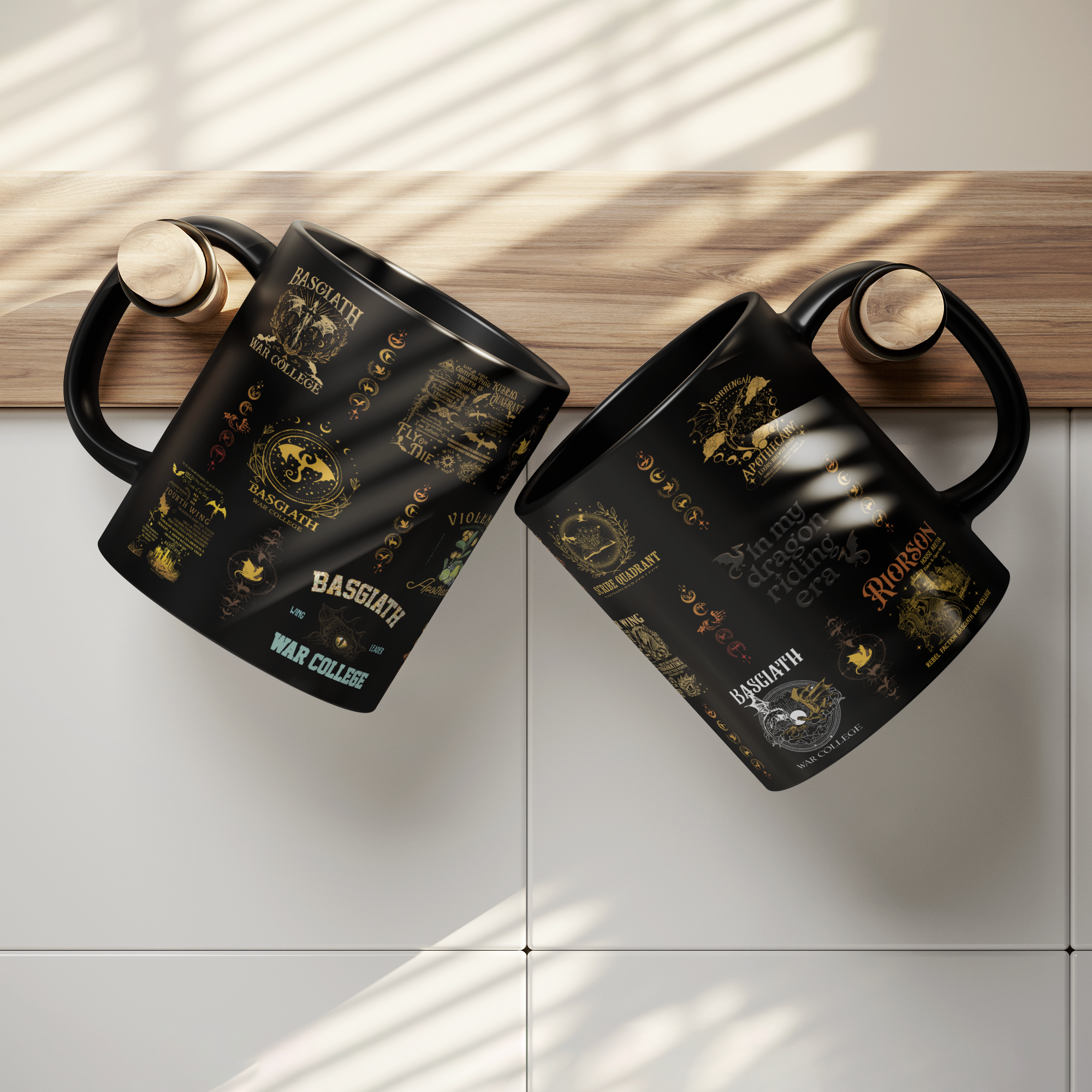 legant black cup with gold fantasy symbols, book lover mug with dragon motif, handcrafted romantasy mug for readers