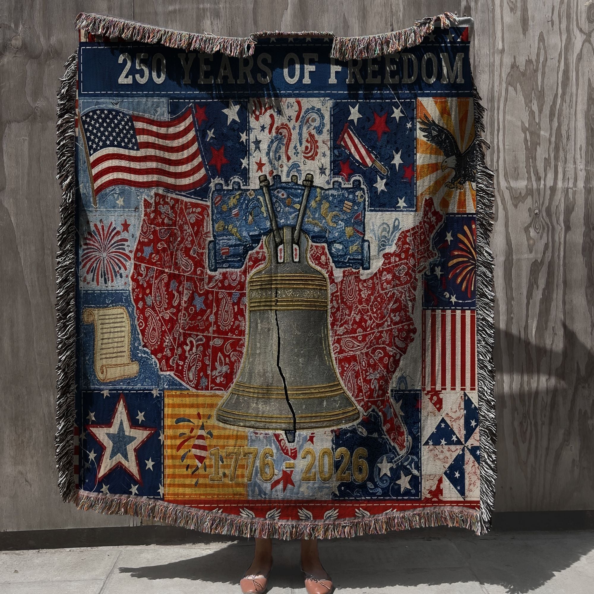 patriotic woven throw blanket celebrating 250th anniversary of American freedom, Americana patchwork woven cotton blanket with Liberty Bell design
