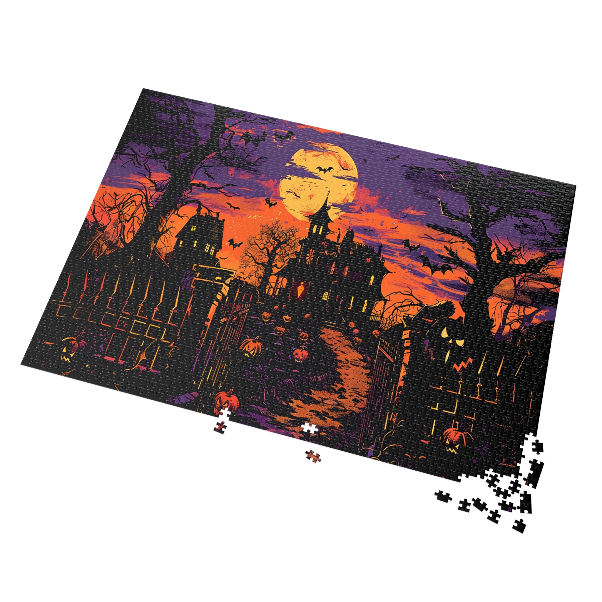Haunted Mansion Halloween Jigsaw Puzzle Spooky Moonlit Gothic House with Pumpkins, Bats & Autumn Night