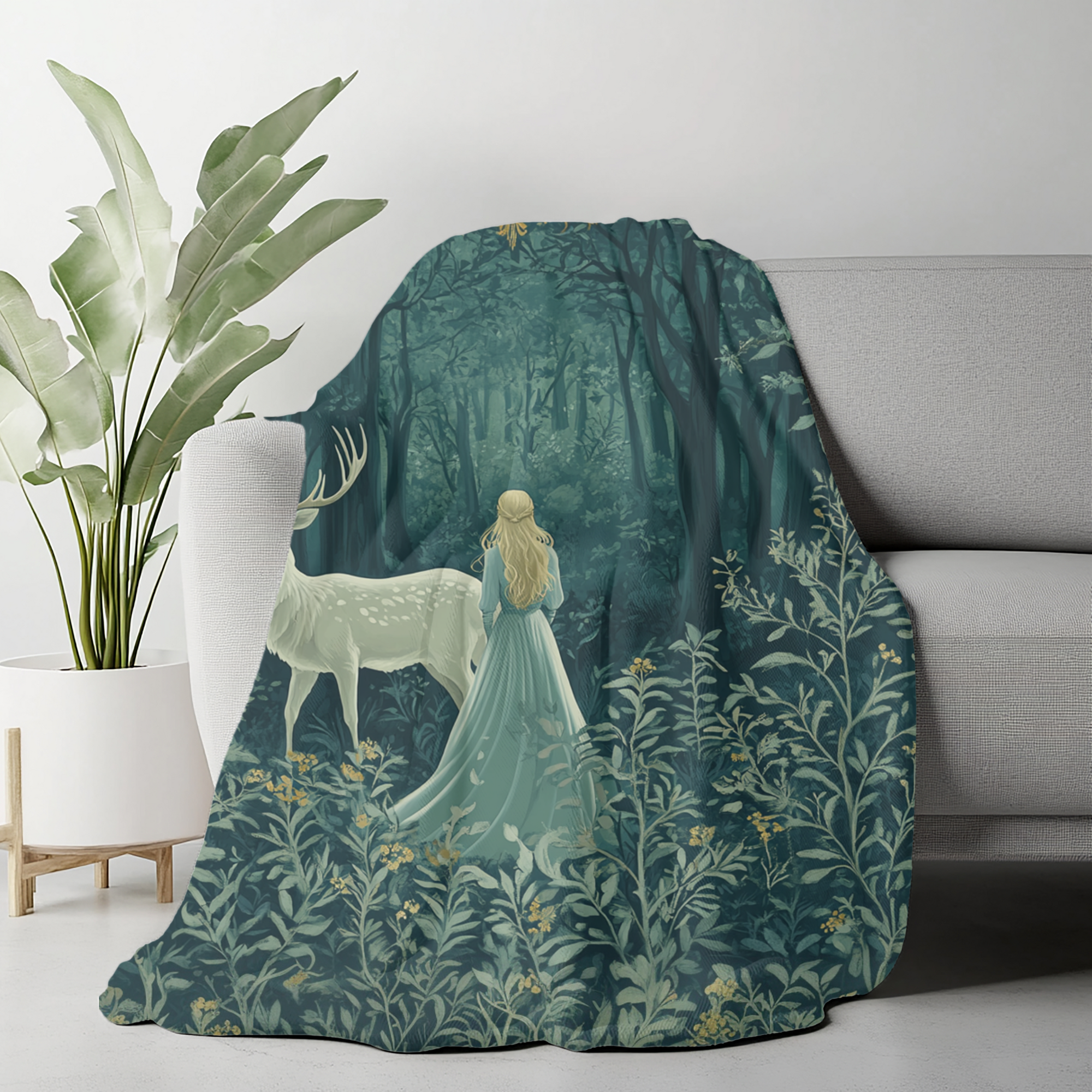 Magical forest blanket for dreamy cottagecore homes,
Woman and deer illustration on super-soft enchanted blanket,