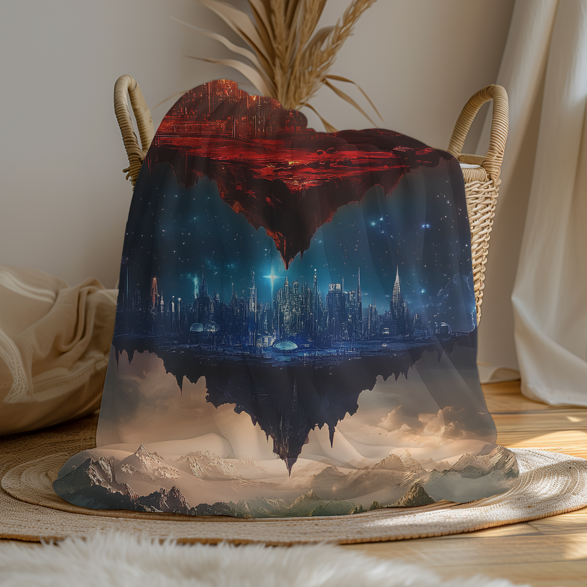 Book lover blanket draped in wicker basket in cozy reading nook
Soft fleece throw with celestial city artwork glowing over mountains