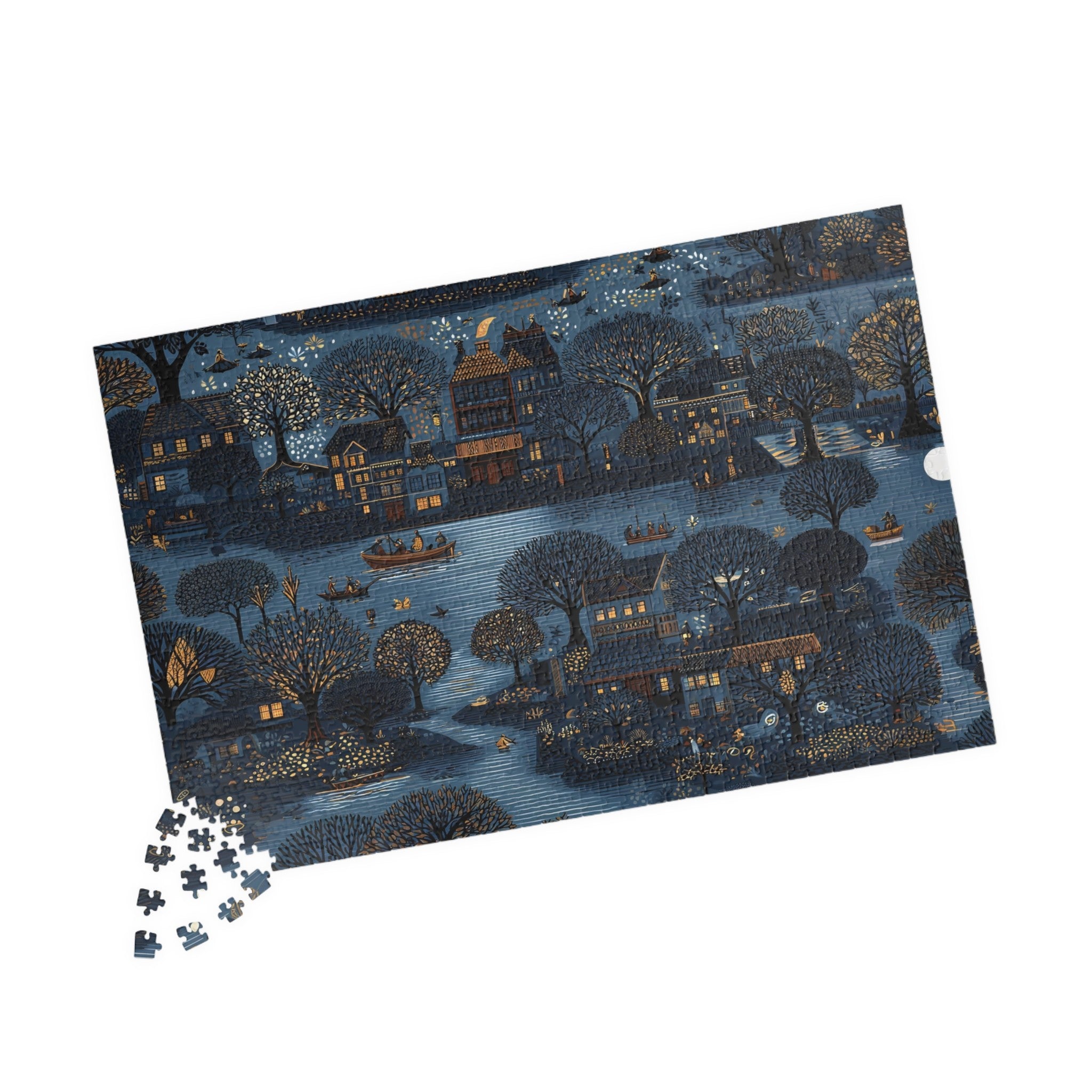 cozy night village jigsaw puzzle with river and glowing windows, william morris style cottagecore night landscape puzzle, storybook village puzzle with boats and moonlight