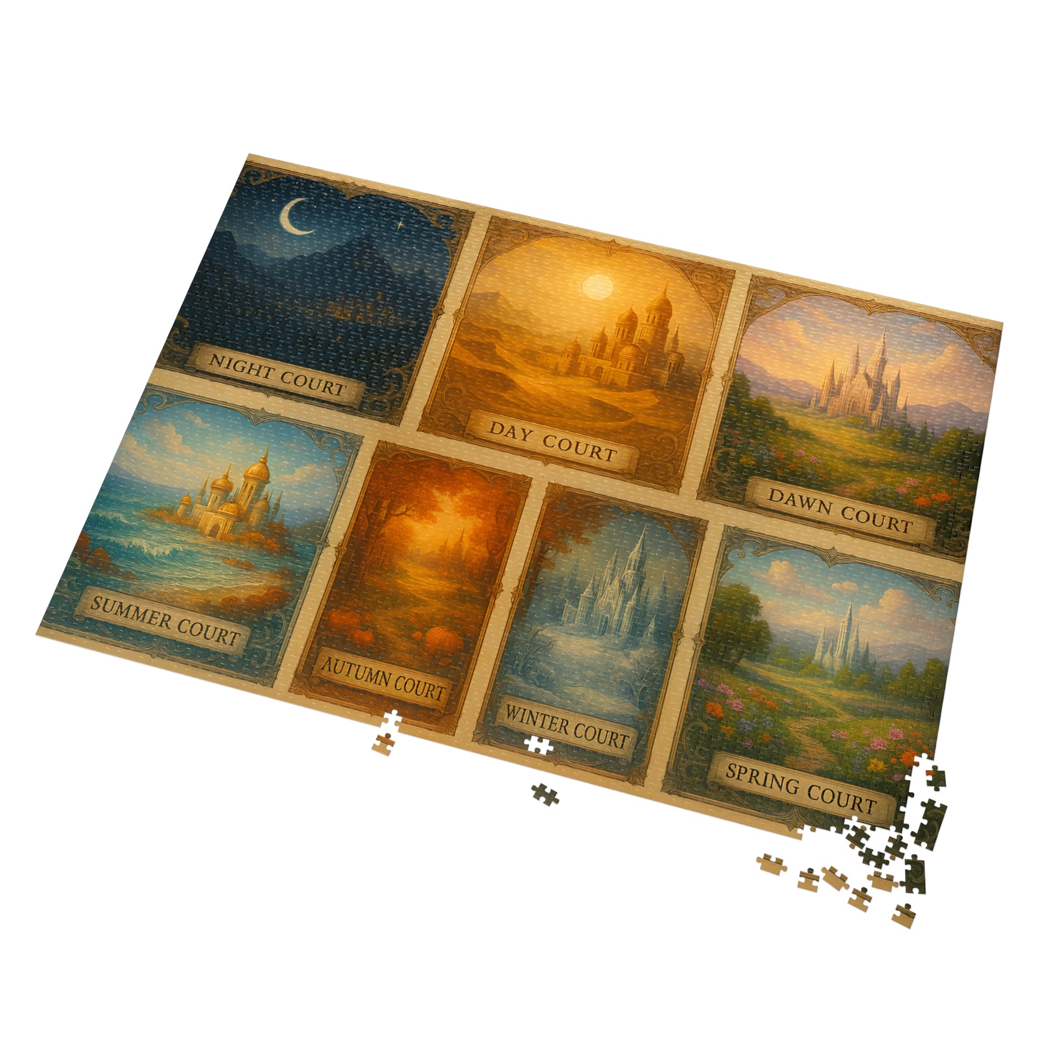 Fantasy Seasonal Courts Jigsaw Puzzle – 7 Magical Realms with Castles, Mystical Puzzle Gift for Her