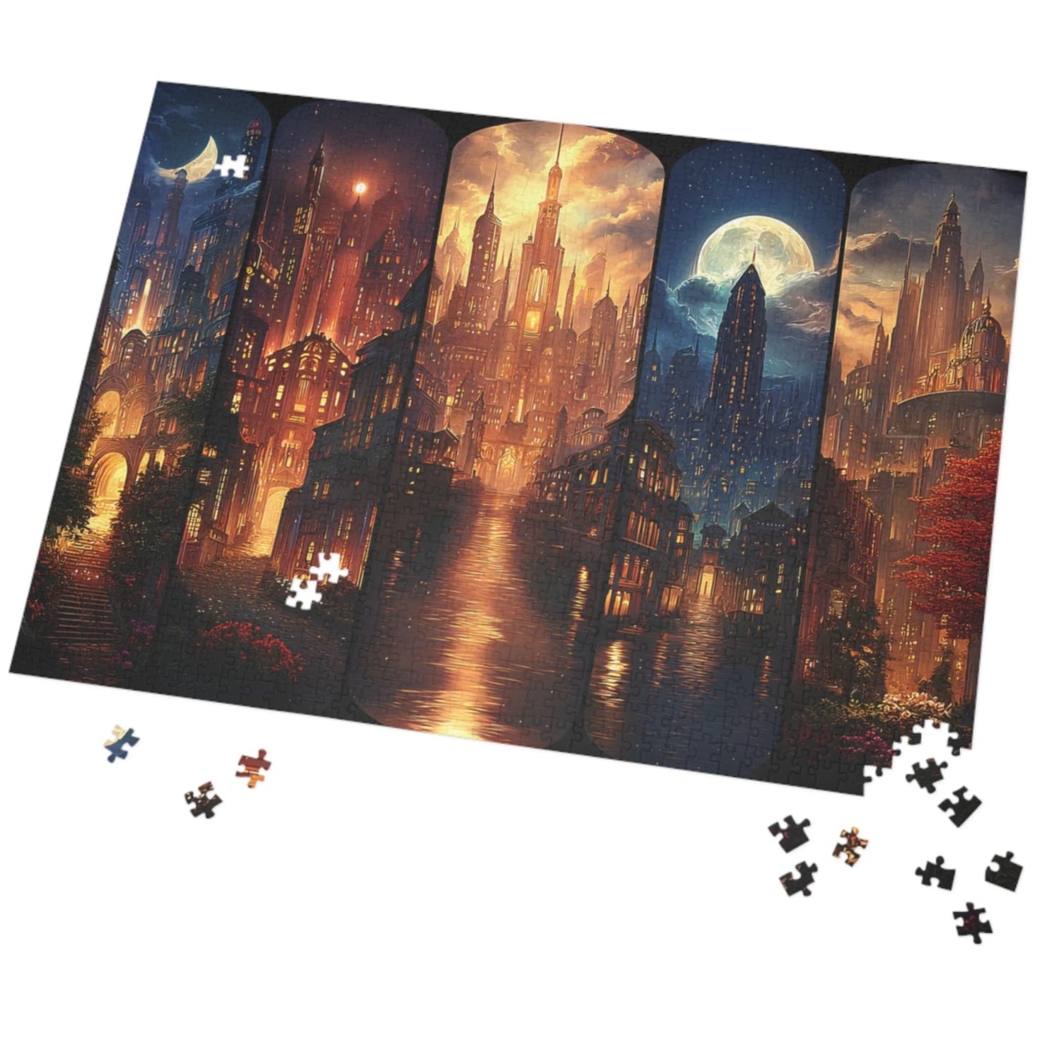 Mystical Lunathion Crescent City fantasy puzzle gift for romantasy book lovers,
Moonlit towers skyline puzzle of Crescent City Lunathion with enchanted river lights