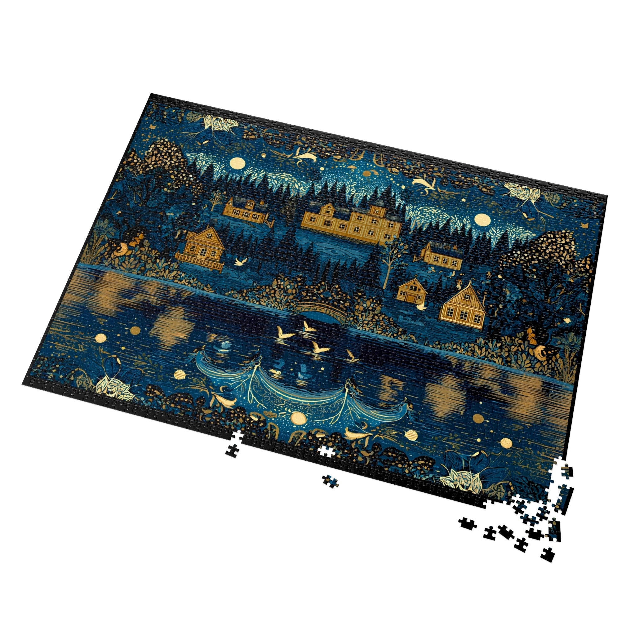 cozy cottage village puzzle perfect for quiet evenings, moonlit village puzzle with golden illustration details, relaxing cottagecore puzzle with woodland scenery